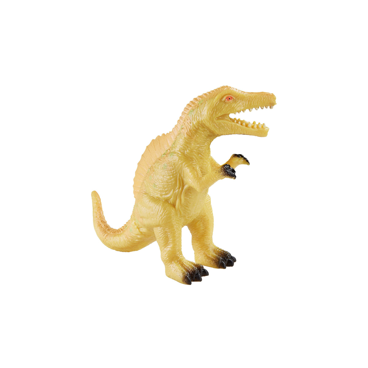 The Toysmith Dino Squishimals is a yellow, plastic dinosaur toy with a big sail on its back, standing on two legs with an open mouth—ideal for fans of squishy dinosaurs and fidget toys.