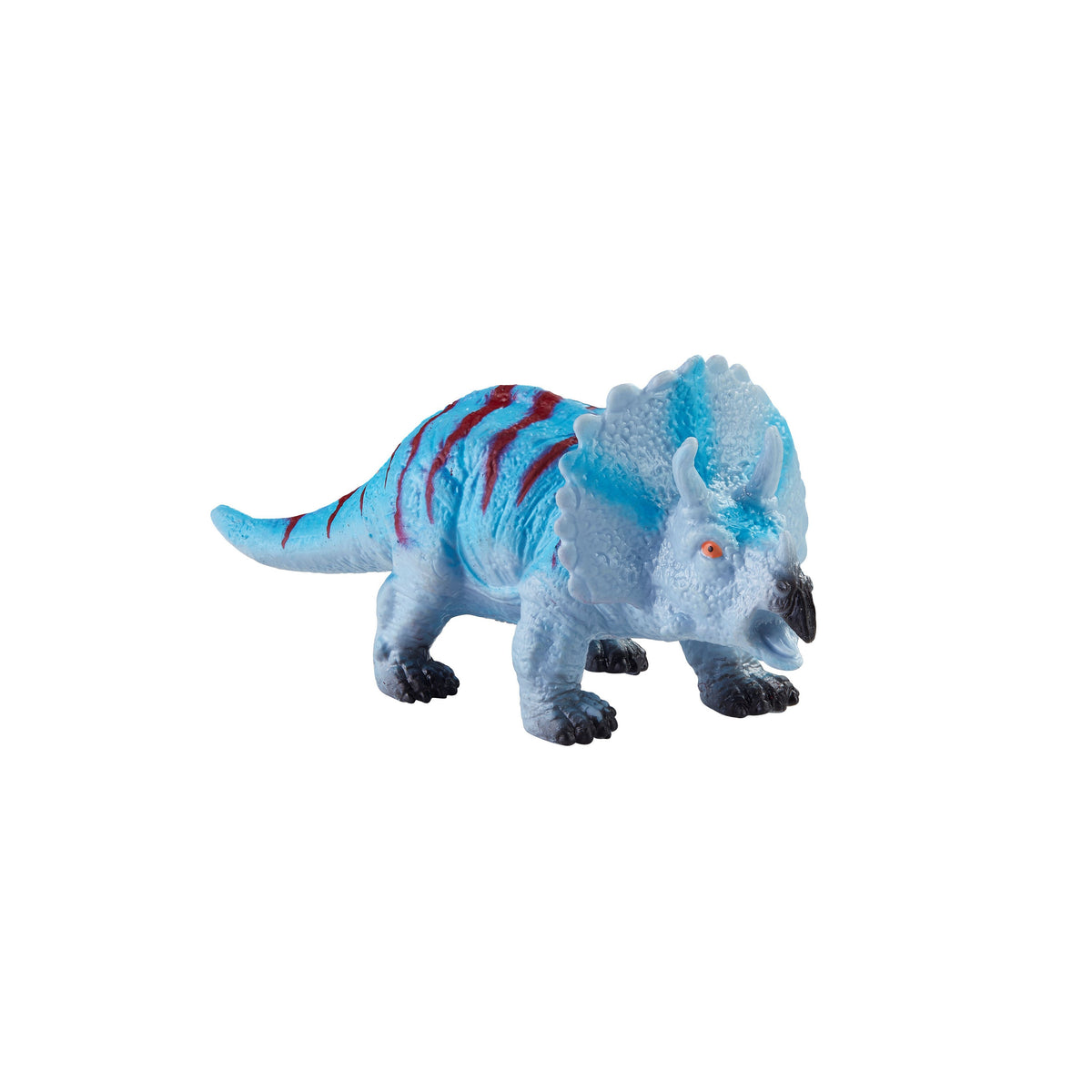 The Toysmith Dino Squishimals by Toysmith is a blue and light gray triceratops with three facial horns, red back stripes, and an open mouth—ideal for squishy dinosaur fans and fidget toy enthusiasts.