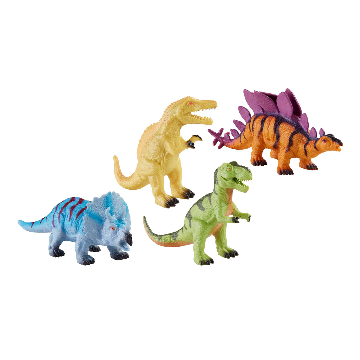 Toysmith Dino Squishimals by Toysmith features four colorful squishy dinosaur fidget toys—a blue triceratops, green T. rex, yellow theropod, and orange stegosaurus with purple plates—displayed on a white background.