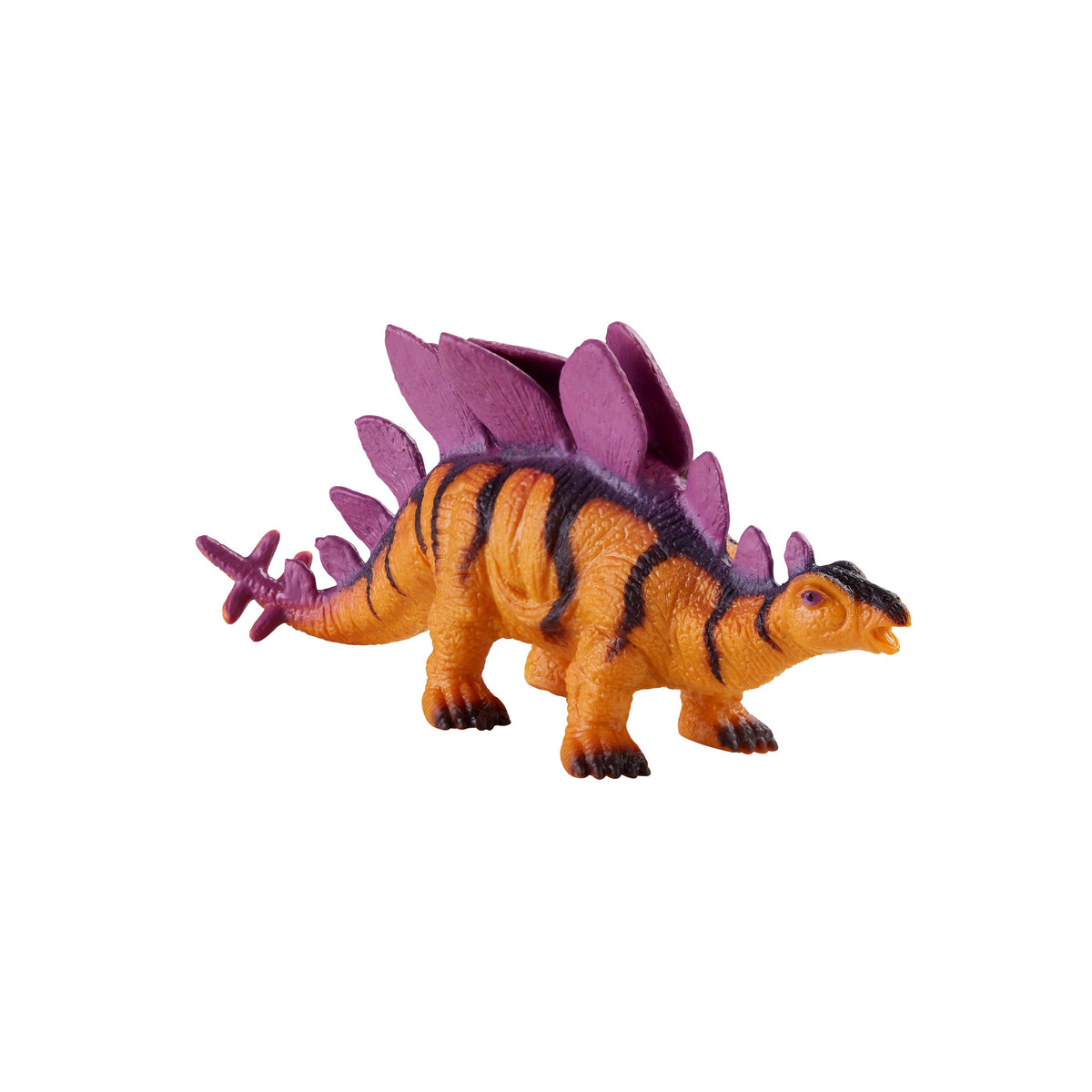 The Toysmith Dino Squishimals stegosaurus figurine features an orange body, black stripes, and purple plates and spikes—standing on all four legs. Perfect for squishy dinosaur and fidget toy fans.