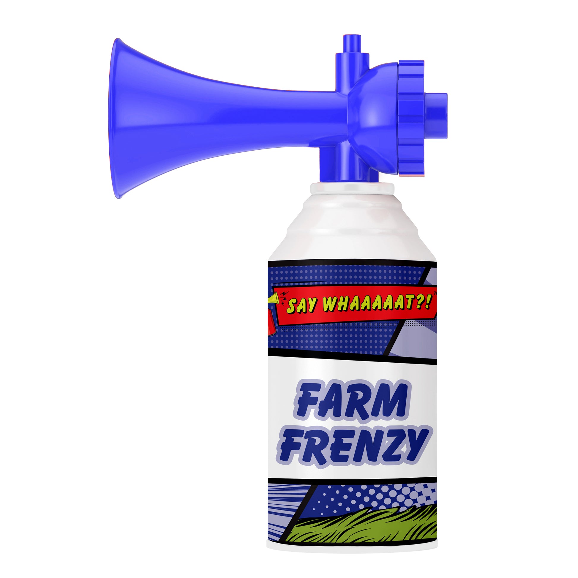 The Say Whaaaaat?! Part Deux - Mini Air Horns from Say Whaaaaat?! adds instant fun with a blue canister, comic graphics, and a bold "SAY WHAAAAAT?!" bubble—perfect for hilarious sound effects!.