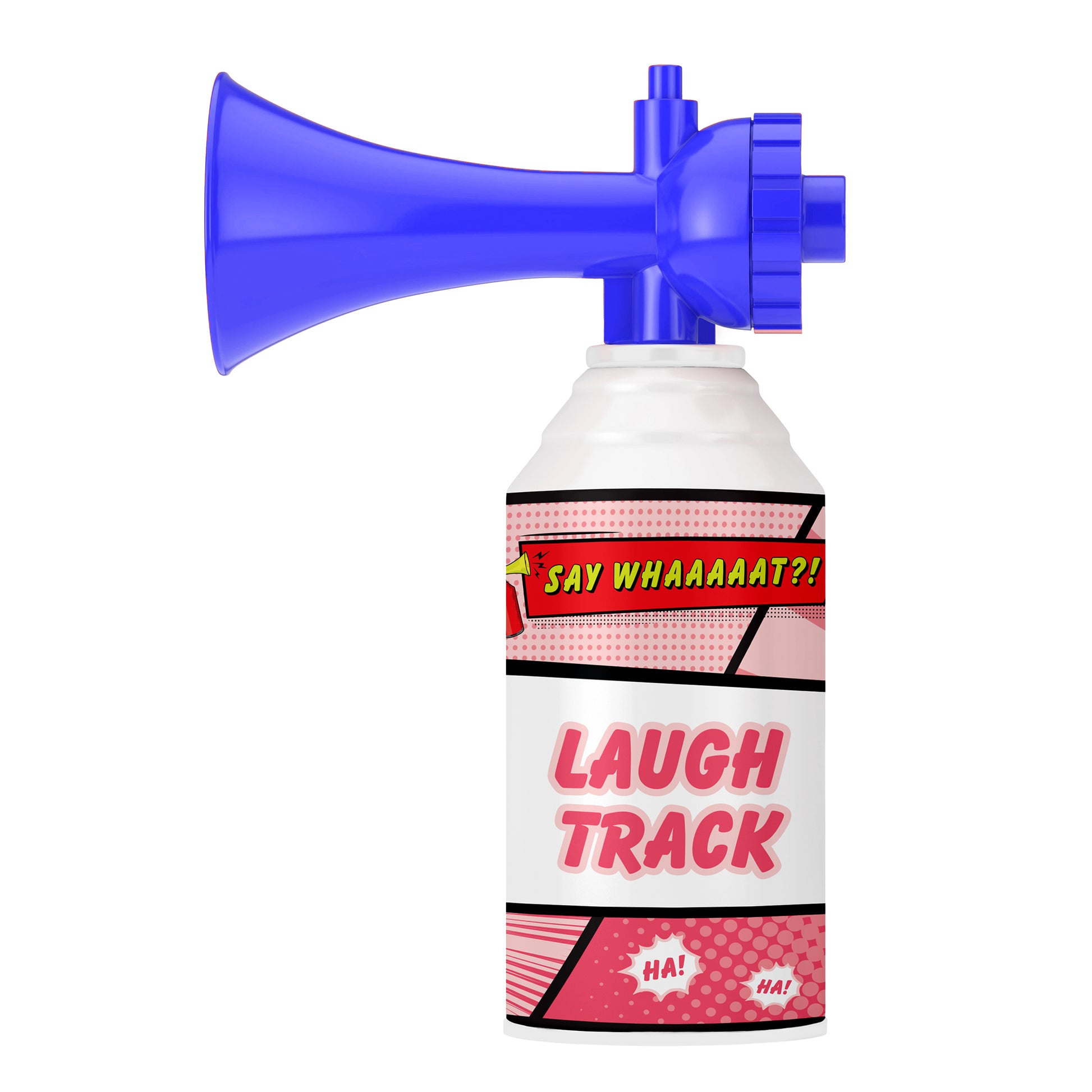 The Say Whaaaaat?! Part Deux Mini Air Horn by Say Whaaaaat?! features a comic book-style label with bold phrases like "SAY WHAAAAAAT?!" and "HA! HA!" in pink and red, making it the perfect party toy for hilarious sound effects.
