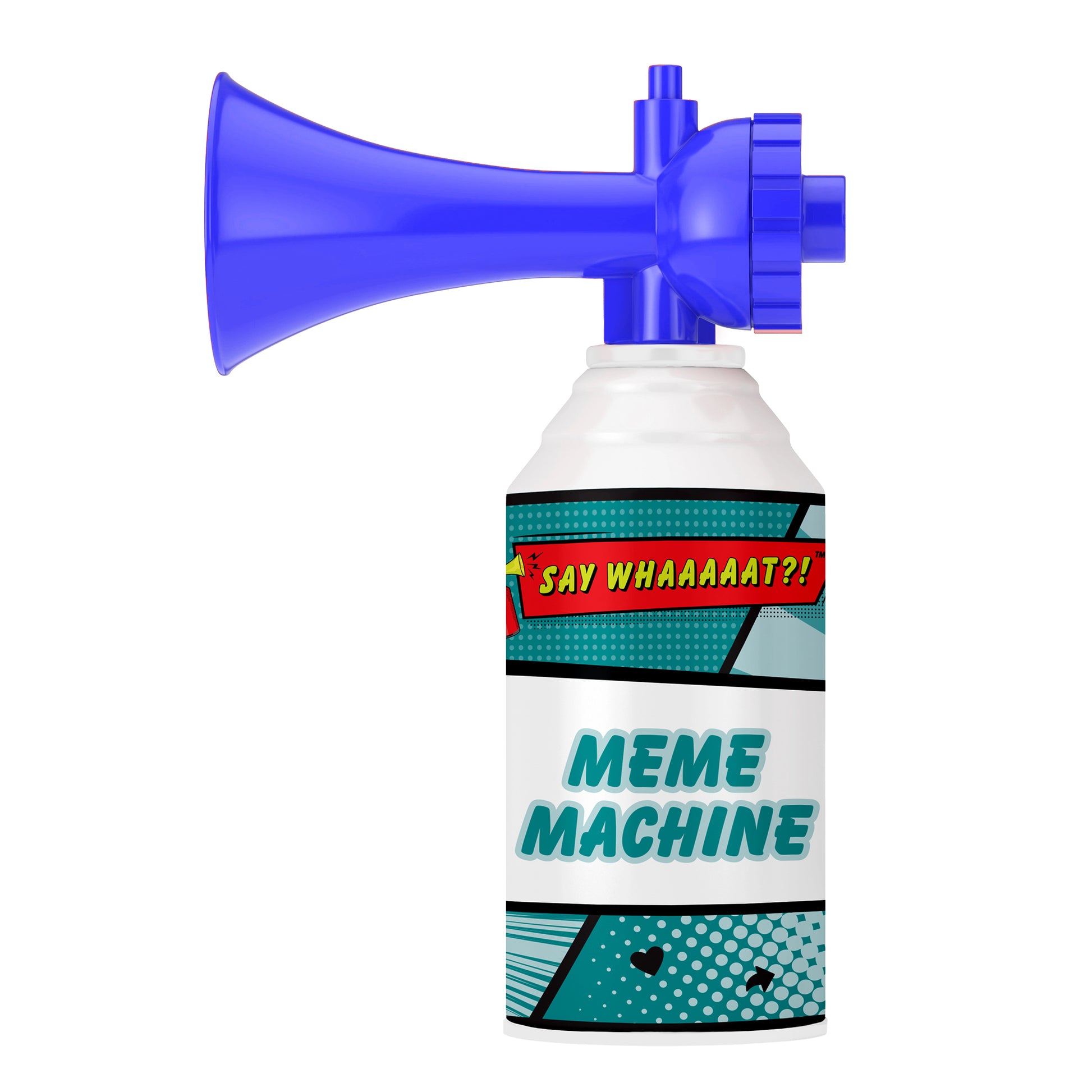 The Say Whaaaaat?! Part Deux Mini Air Horn from Say Whaaaaat?! features a blue comic-style design and bold “SAY WHAAAAAT?!” label—perfect for hilarious sound effects and fun events. A must-have novelty toy for any occasion!.