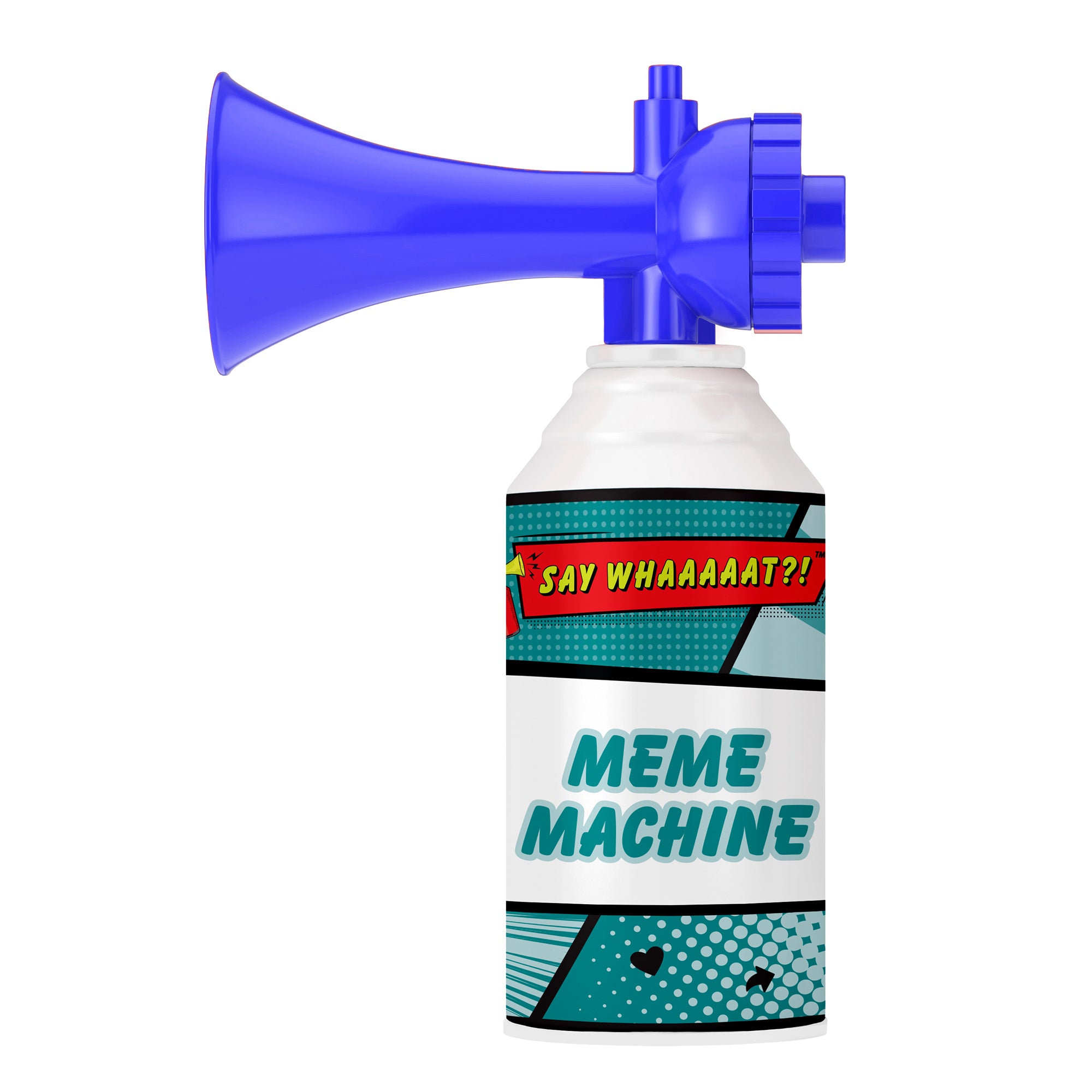 The Say Whaaaaat?! Part Deux Mini Air Horn from Say Whaaaaat?! features a blue comic-style design and bold “SAY WHAAAAAT?!” label—perfect for hilarious sound effects and fun events. A must-have novelty toy for any occasion!.