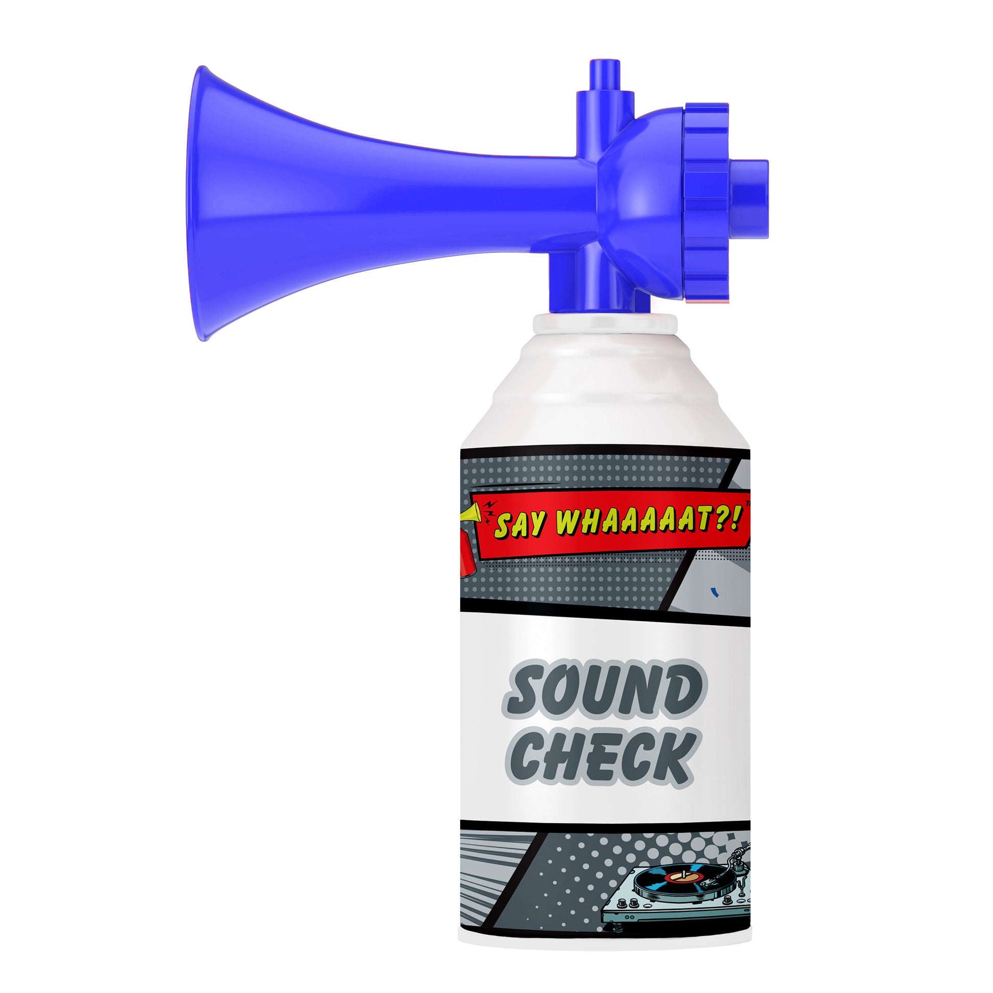 The Say Whaaaaat?! Part Deux Mini Air Horn by Say Whaaaaat?! features comic-style graphics, fun phrases like “SAY WHAAAAAT?!”, and a race car design—making it the perfect novelty toy for any event.