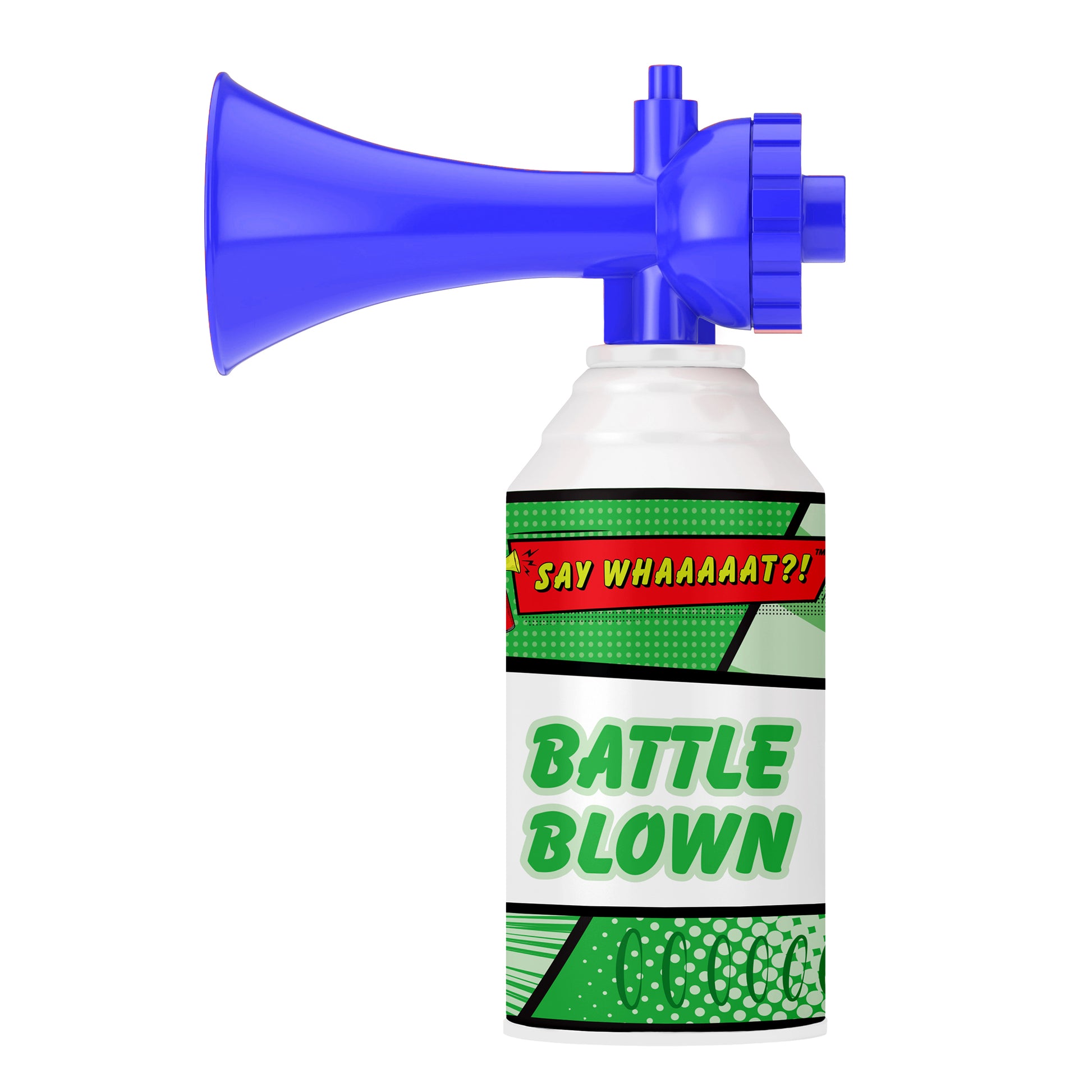 The Say Whaaaaat?! Part Deux Mini Air Horns by Say Whaaaaat?! features a blue canister with bold green "BATTLE BLOWN" text, comic-style graphics, and a speech bubble exclaiming "SAY WHAAAAAT?!", ideal for parties and funny sound effects.