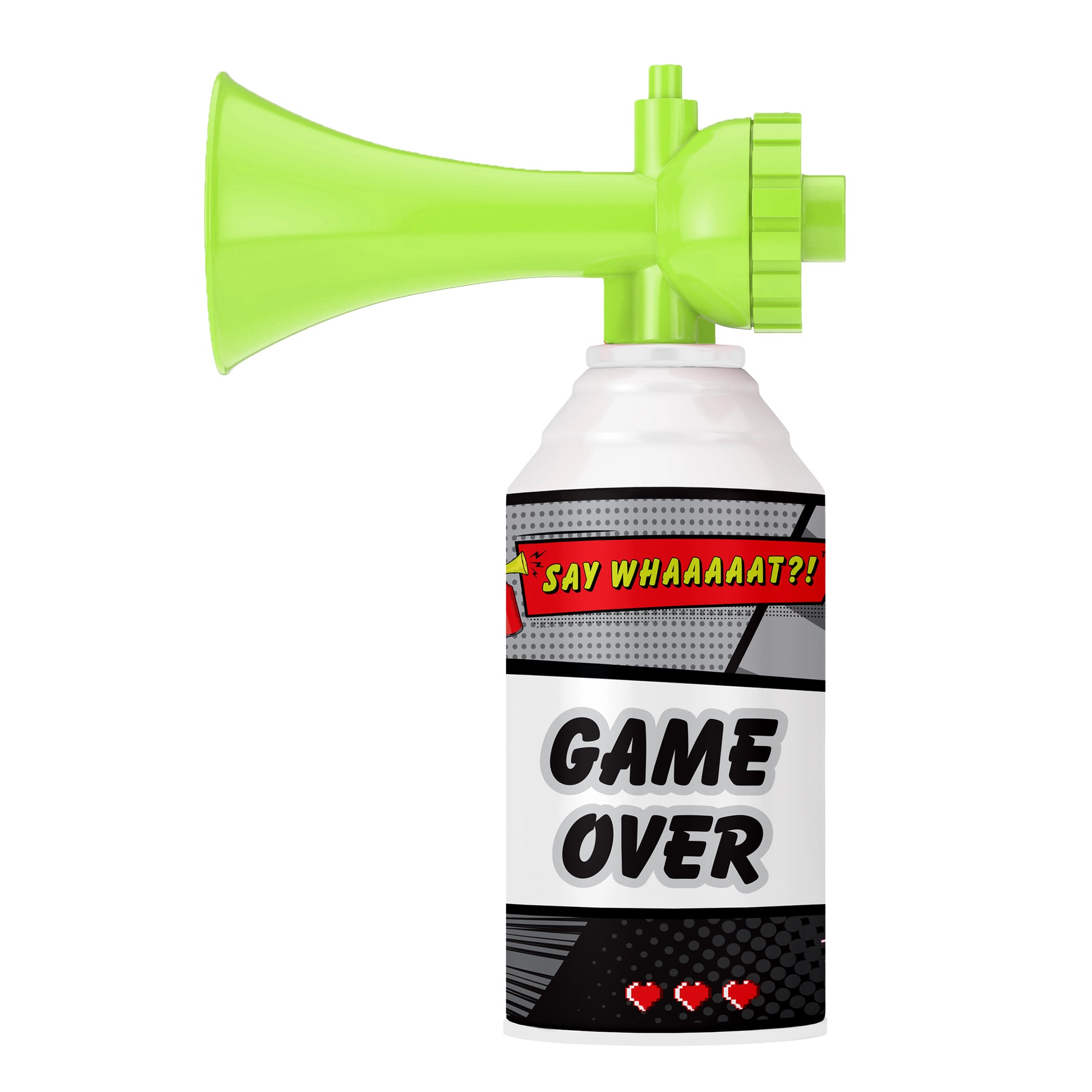 The Say Whaaaaat?! Mini Air Horns Trois by Say Whaaaaat! features a green design, comic-style label with "SAY WHAAAT?!" and "GAME OVER," plus three red pixel hearts—ideal for fun sound effects or mini air horn fans.