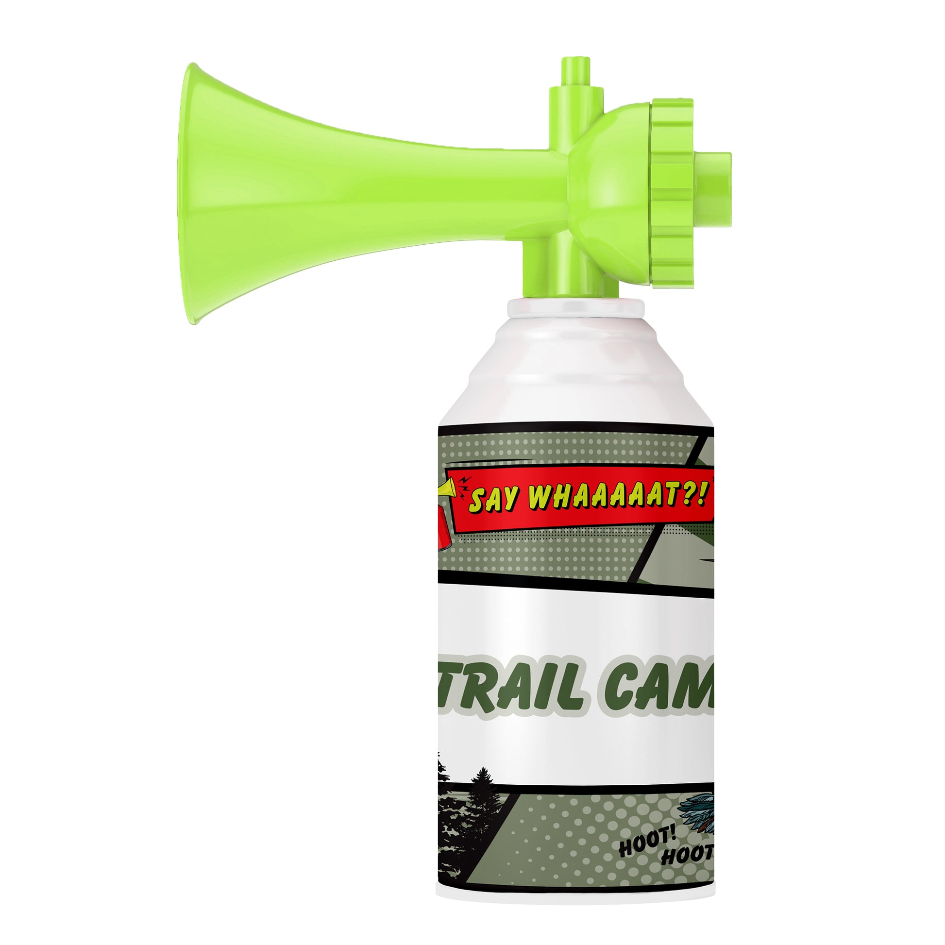 A green Say Whaaaaat?! Mini Air Horns Trois canister features a bold comic-style "SAY WHAAAAAT?!" label, partial "TRAIL CAM" text, and playful sound effect graphics along the bottom from the Say Whaaaaat?! brand.
