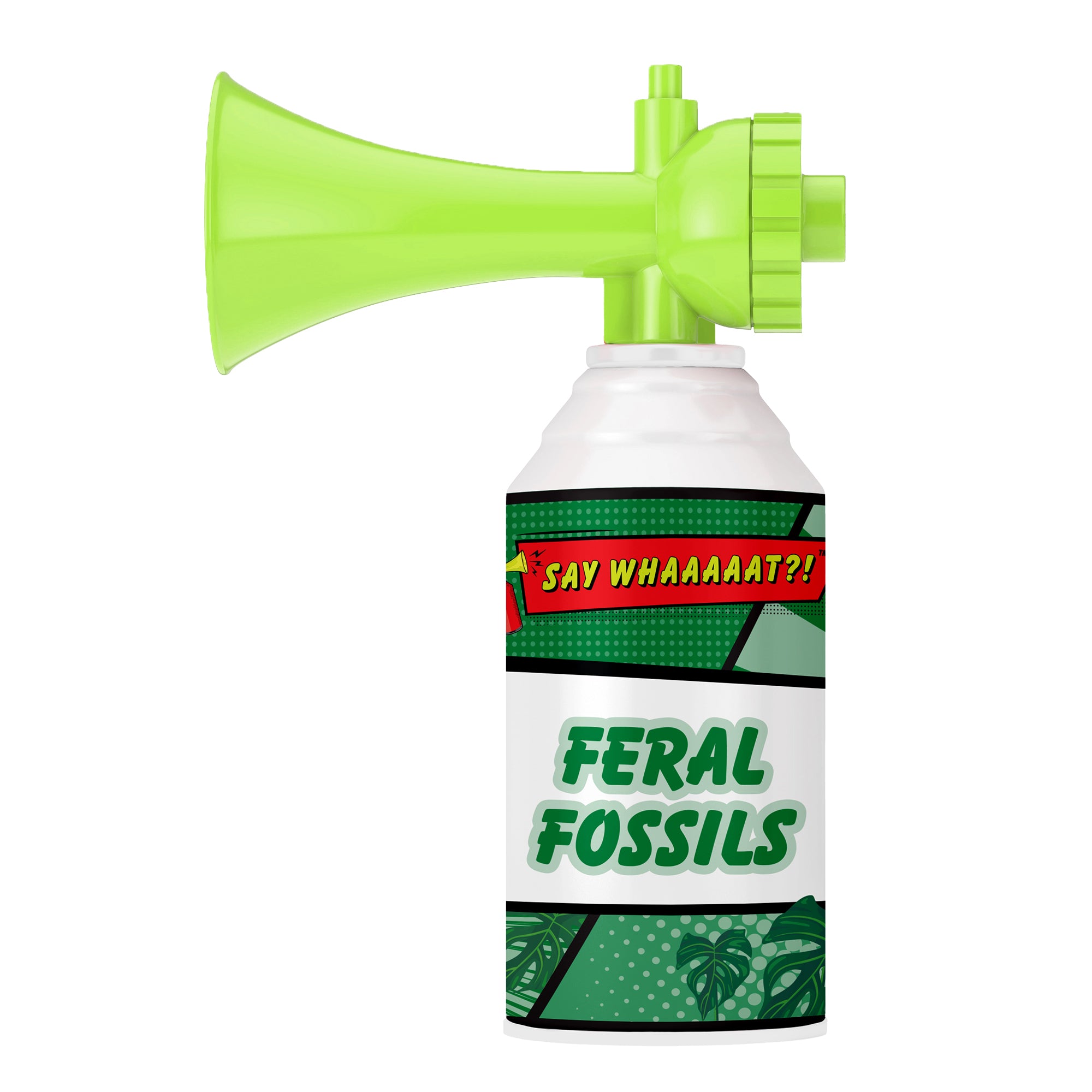 The Say Whaaaaat?! Mini Air Horns Trois from Say Whaaaaat?! features a green can with bold comic graphics and the phrase "SAY WHAAAAAT?!" in red and yellow—perfect for wild sound effects and party fun.