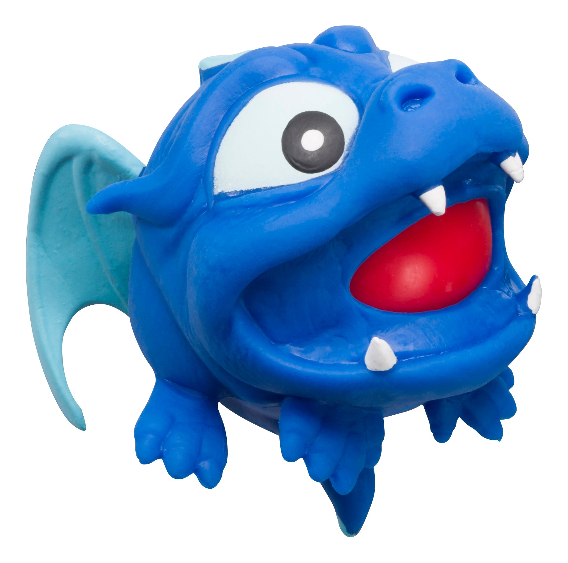 The Toysmith Dragon Blob Ball by Toysmith is a blue cartoon dragon with large eyes, tiny wings, white fangs, and a red tongue. Its gel-filled body is great for sensory play and adds to its playful, exaggerated charm.