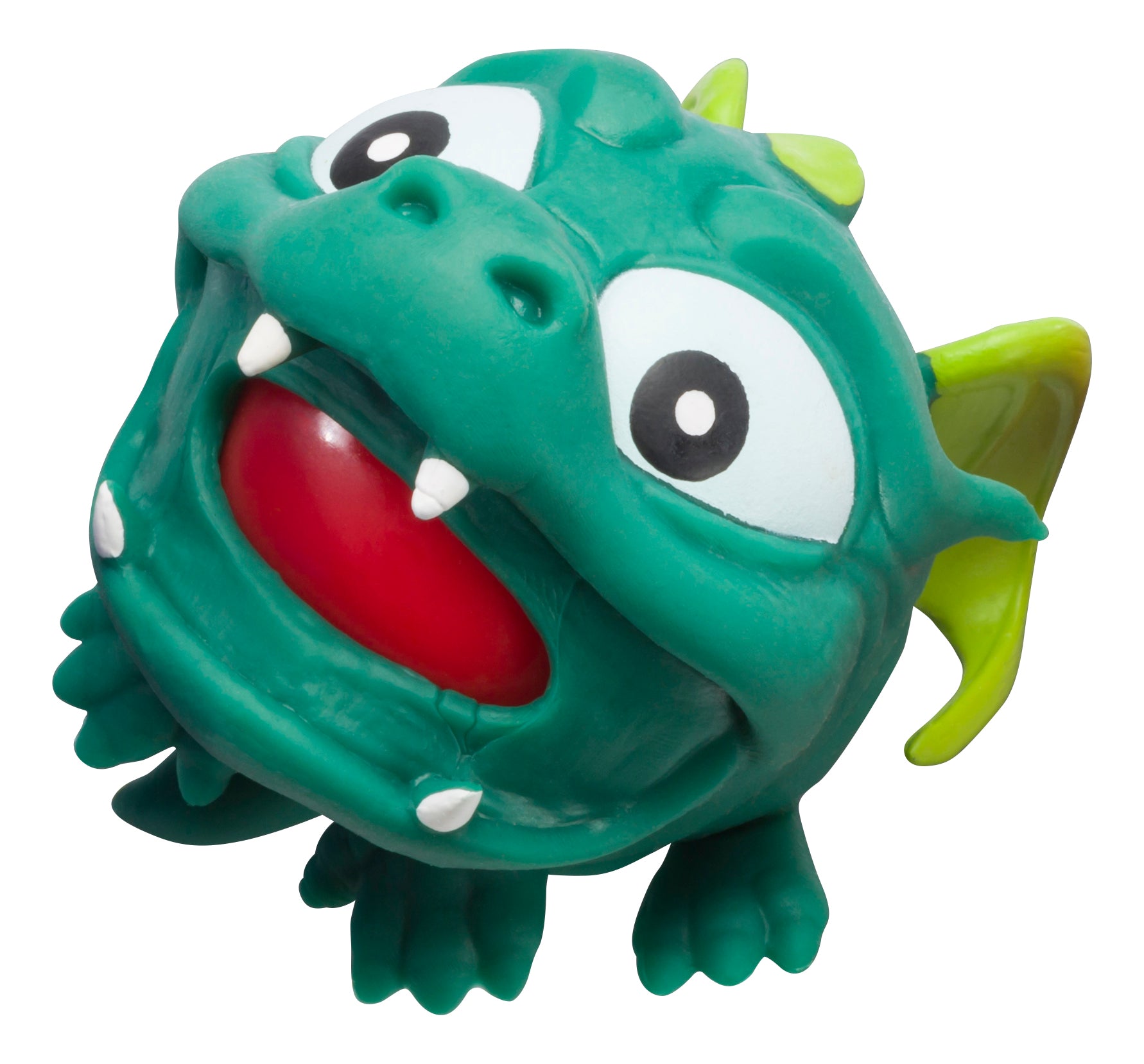 The Toysmith Dragon Blob Ball by Toysmith features a green dragon with large white eyes, yellow horns, small wings, an open mouth, and four stubby legs—perfect for sensory play.