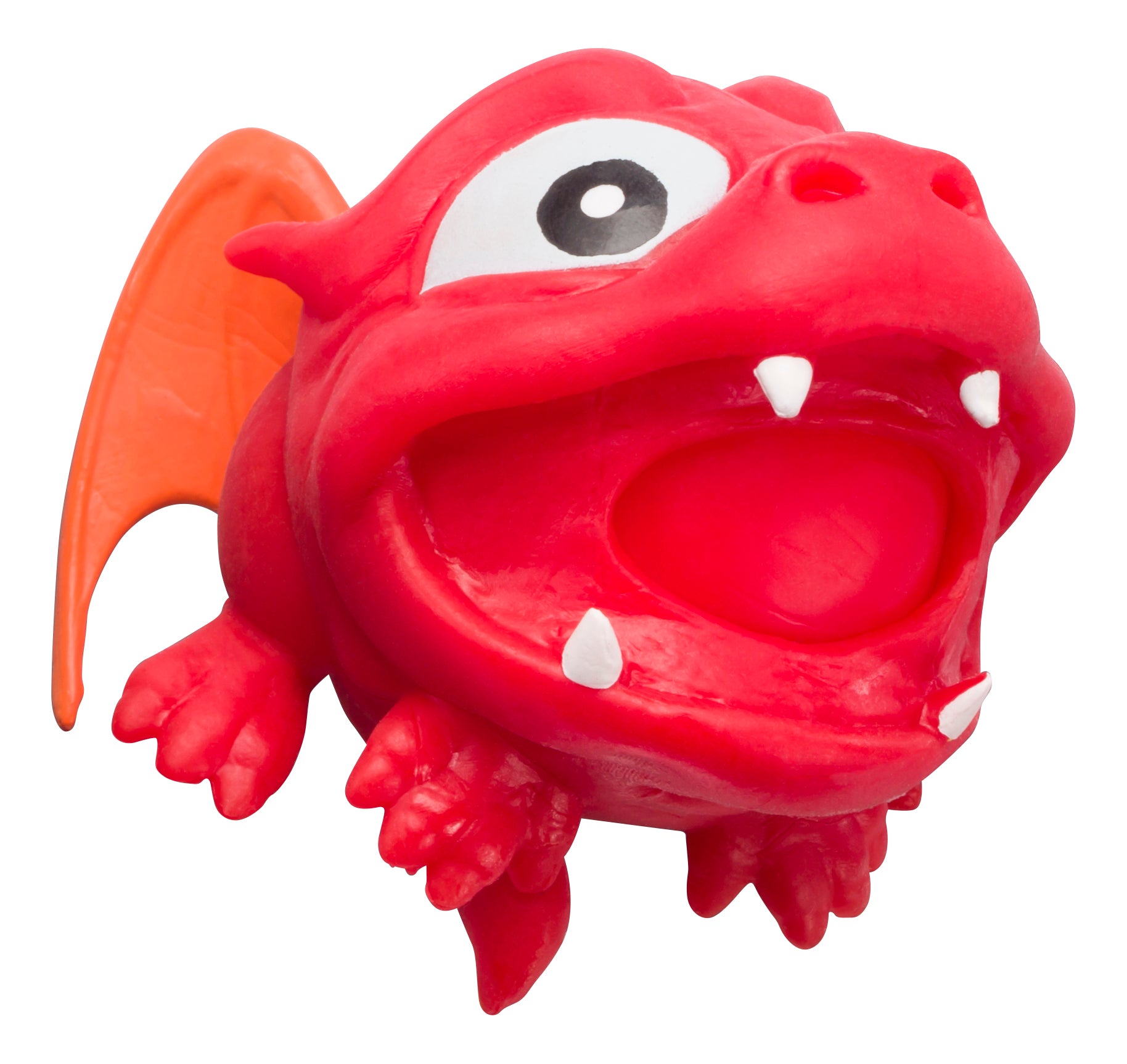 The Toysmith Dragon Blob Ball by Toysmith is a bright red, gel-filled dragon toy with big eyes, orange wings, open mouth with white fangs, and a playful look—perfect for sensory play and featured against a clean white background.