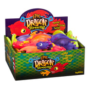 The Toysmith Dragon Stretchy by Toysmith comes in a colorful display box with dragon illustrations, containing collectible stretchy dragon toys in red, purple, and green. Suitable for ages 3 and up.