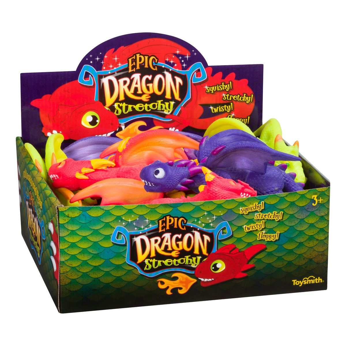 The Toysmith Dragon Stretchy by Toysmith comes in a colorful display box with dragon illustrations, containing collectible stretchy dragon toys in red, purple, and green. Suitable for ages 3 and up.