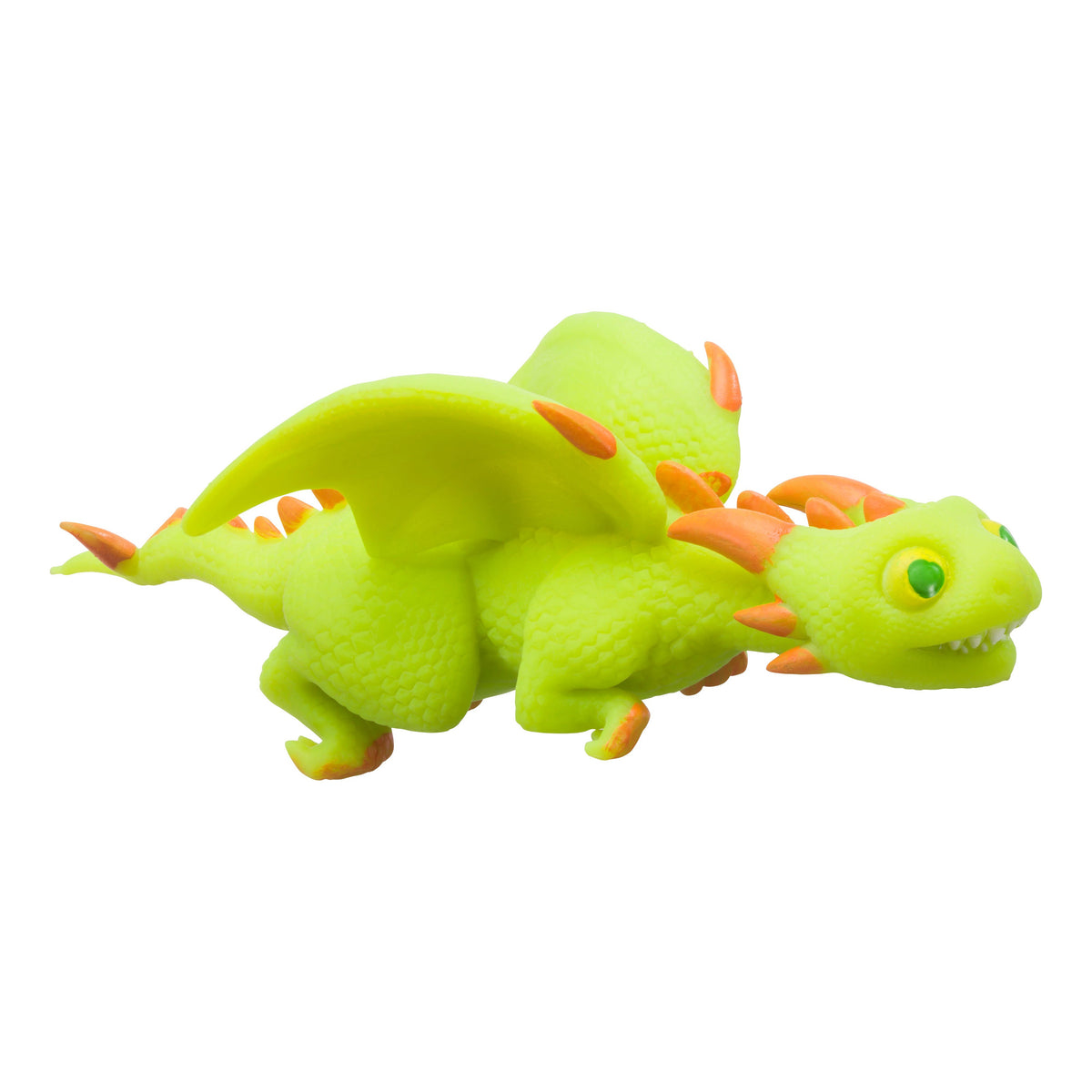 The Toysmith Dragon Stretchy by Toysmith is a bright green collectible toy featuring orange spikes, green eyes, textured scales, wings, a long tail, and a playful cartoon look. Shown against a white background.