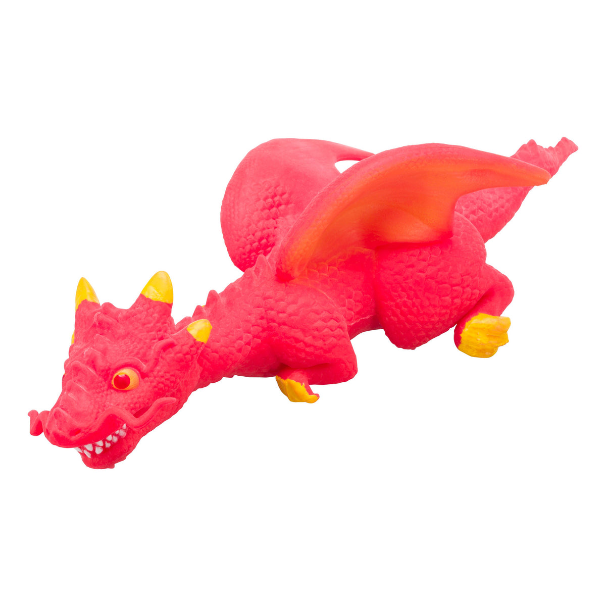 The Toysmith Dragon Stretchy by Toysmith is a bright red collectible toy with yellow horns, claws, and wing tips. Featuring textured scales, orange wings, and an open mouth showing teeth, it is posed on all fours against a plain white background.