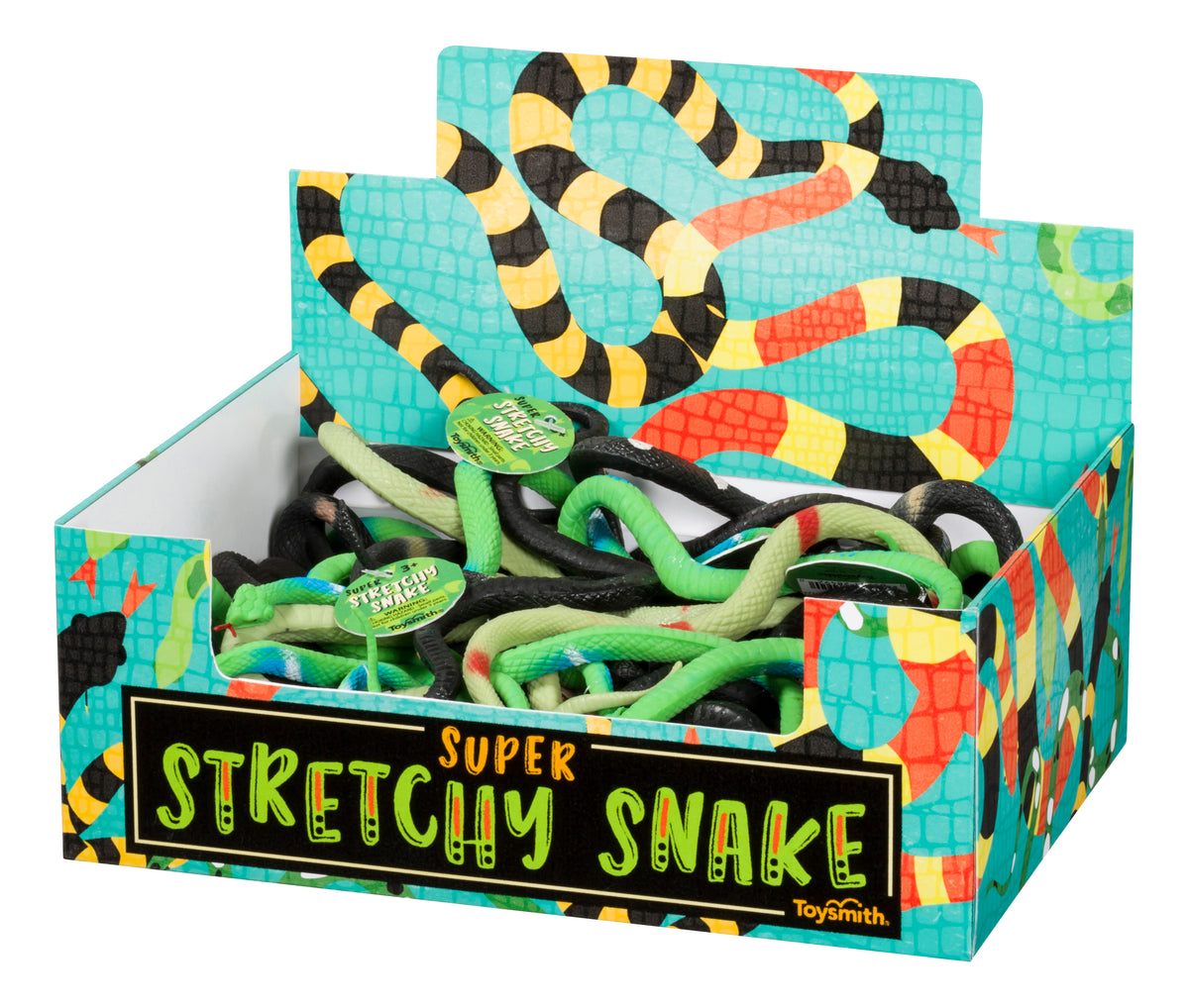 The Toysmith Super Stretchy Snake by Toysmith comes in a colorful display box with snake scale patterns and images, featuring stretchy toy snakes in green, black, and yellow for endless sensory fun.