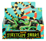 The Toysmith Super Stretchy Snake display box features assorted stretchy toy snakes in green, black, and white, with a colorful snake-patterned background, providing tactile sensory fun.