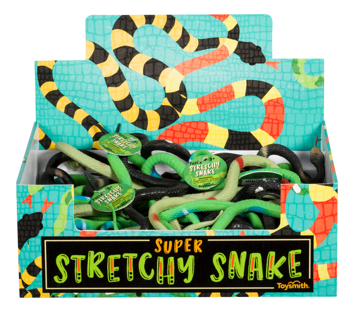The Toysmith Super Stretchy Snake display box features assorted stretchy toy snakes in green, black, and white, with a colorful snake-patterned background, providing tactile sensory fun.