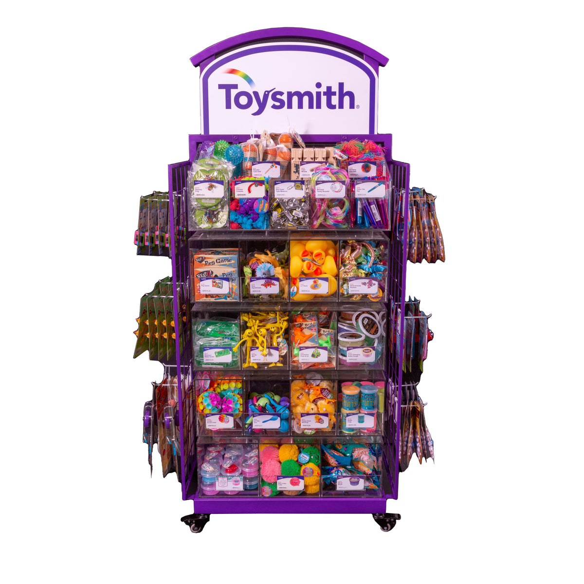 The Toysmith Joy 180 Display by Toysmith showcases best-selling toys and small items in plastic bags, neatly arranged on shelves and hooks—making it a perfect impulse toy display for any retail environment.