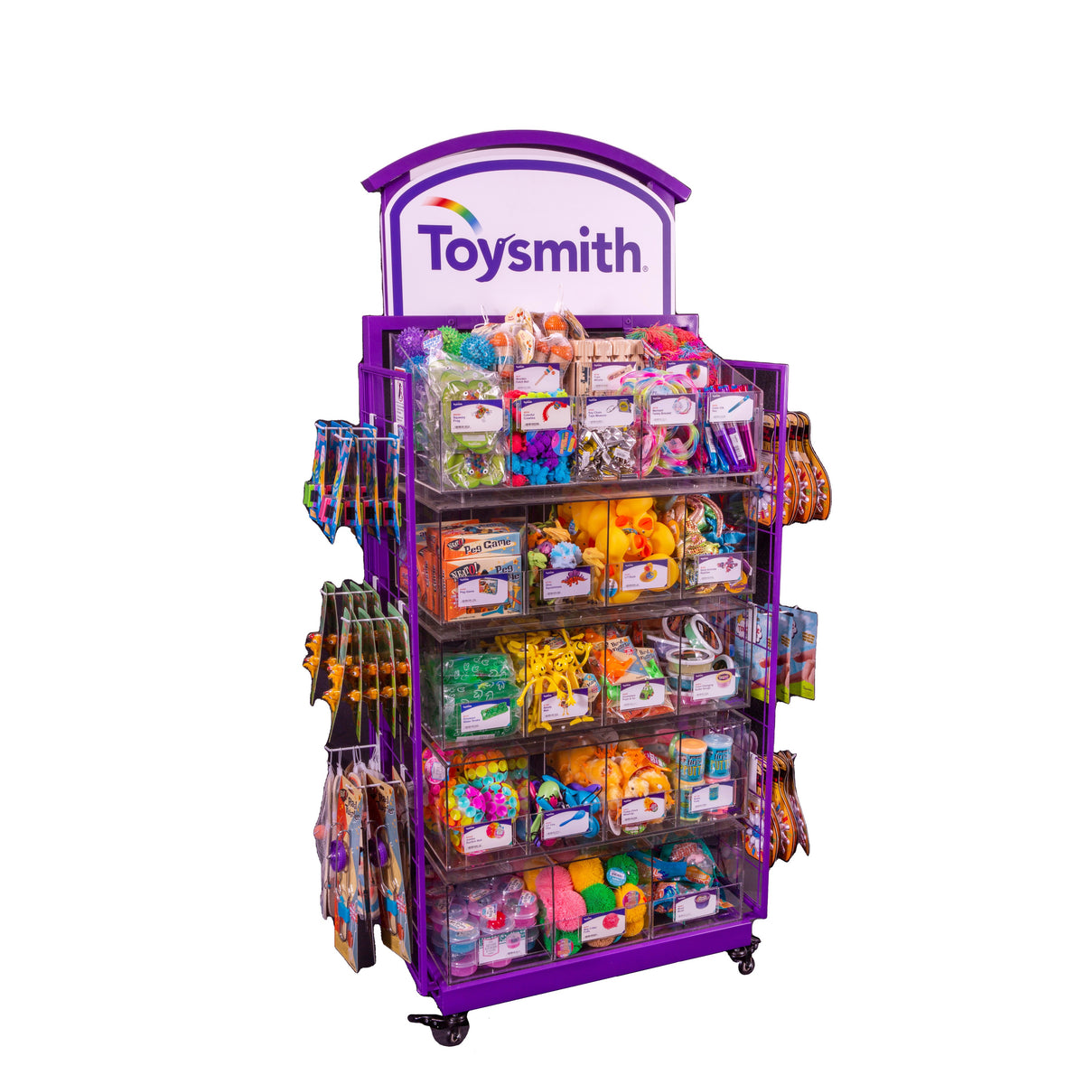 The Toysmith Joy 180 Display is a purple Toysmith stand featuring best-selling toys and small plush animals in clear acrylic bins, with extra toys on the sides and a Toysmith sign at the top.