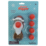 The Toysmith Reindeer Ball Popper is a red-nosed reindeer in a Santa hat with four red foam balls—ideal as a stocking stuffer. Packaging says "Reindeer Ball Popper" and "Squeeze to pop!" with snowflake designs.