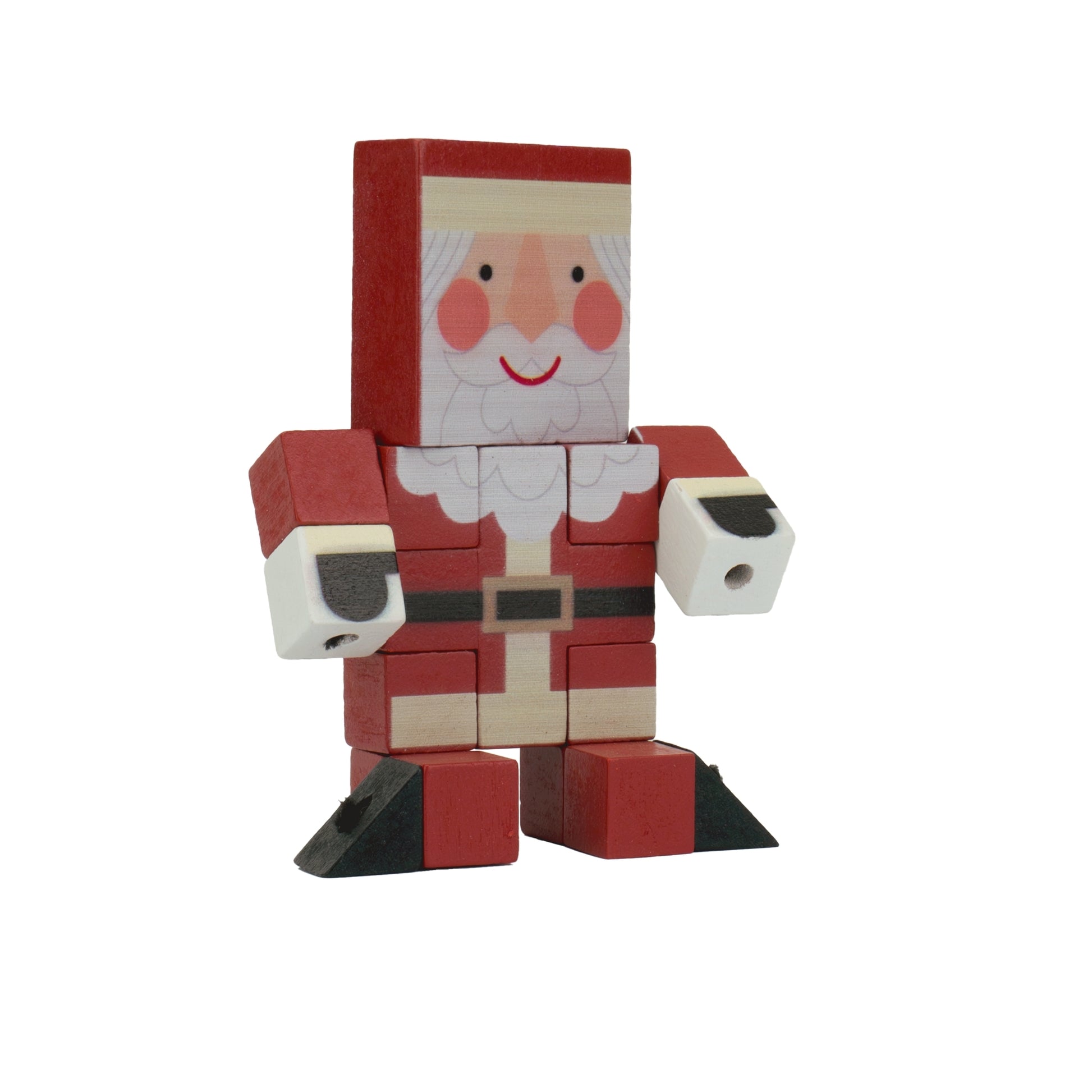 The Toysmith Holiday Wood Fidget is a wooden block toy shaped like Santa Claus, with a red suit, white beard, rosy cheeks, and black boots—ideal as a stocking stuffer or for fans of holiday wood fidget puzzles.