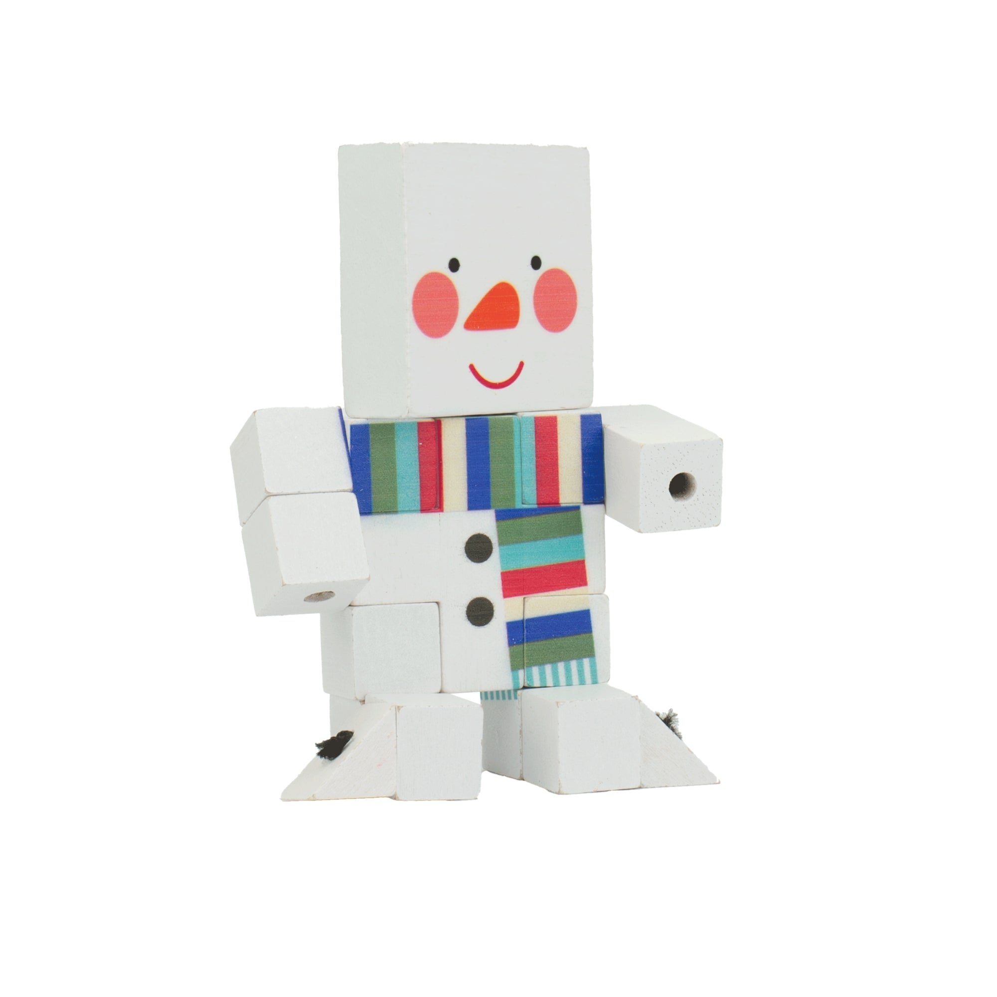 The Toysmith Holiday Wood Fidget is a wooden snowman toy with a painted face, red cheeks, and a striped scarf. Its jointed blocky arms and legs add whimsy, making it a charming educational toy or festive stocking stuffer against a white background.