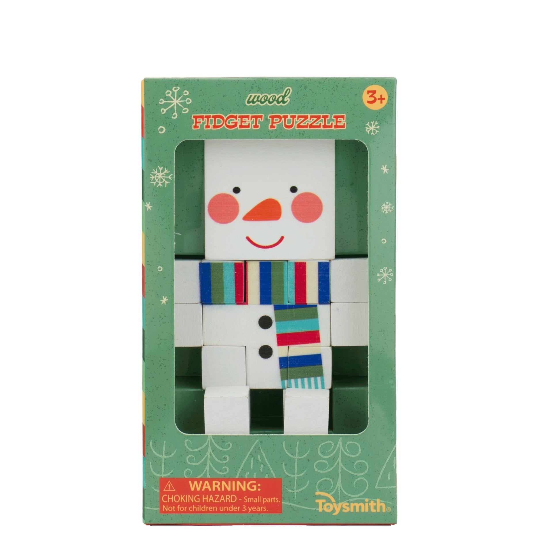 The Toysmith Holiday Wood Fidget is a wooden puzzle shaped like a smiling snowman with a striped scarf, orange nose, and pink cheeks. Packaged in green, it's perfect for ages 3+ as a holiday fidget toy or stocking stuffer.