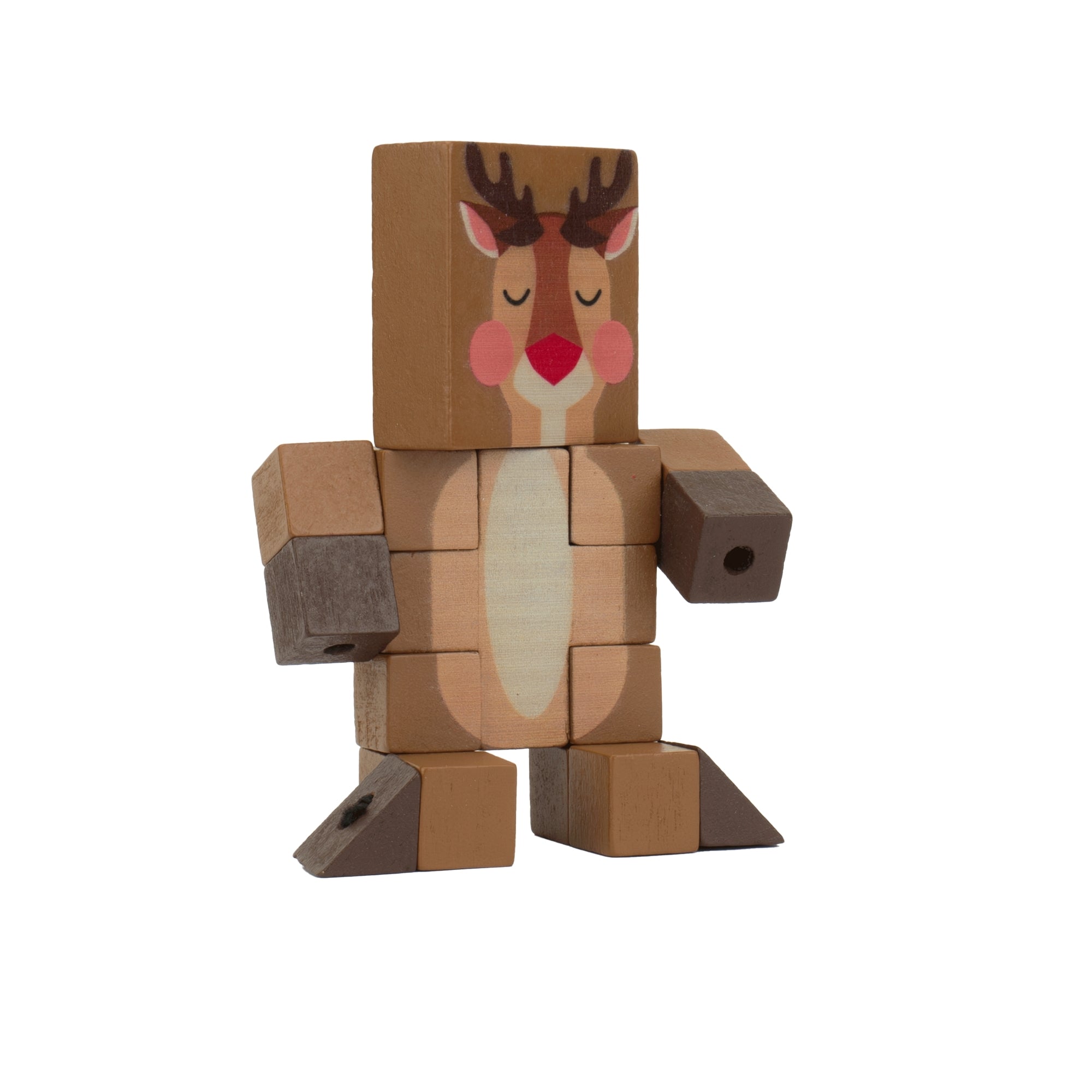 The Toysmith Holiday Wood Fidget is a wooden reindeer toy made of interlocking blocks with antlers and red cheeks—an ideal holiday gift, stocking stuffer, or educational toy.