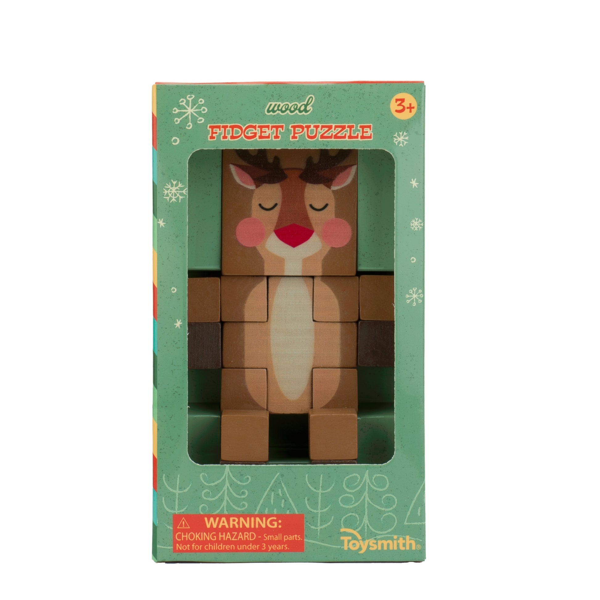 The Toysmith Holiday Wood Fidget is a boxed wooden puzzle shaped like a reindeer with closed eyes and rosy cheeks, in green snowflake packaging. Great as a holiday fidget or stocking stuffer for ages 3+.
