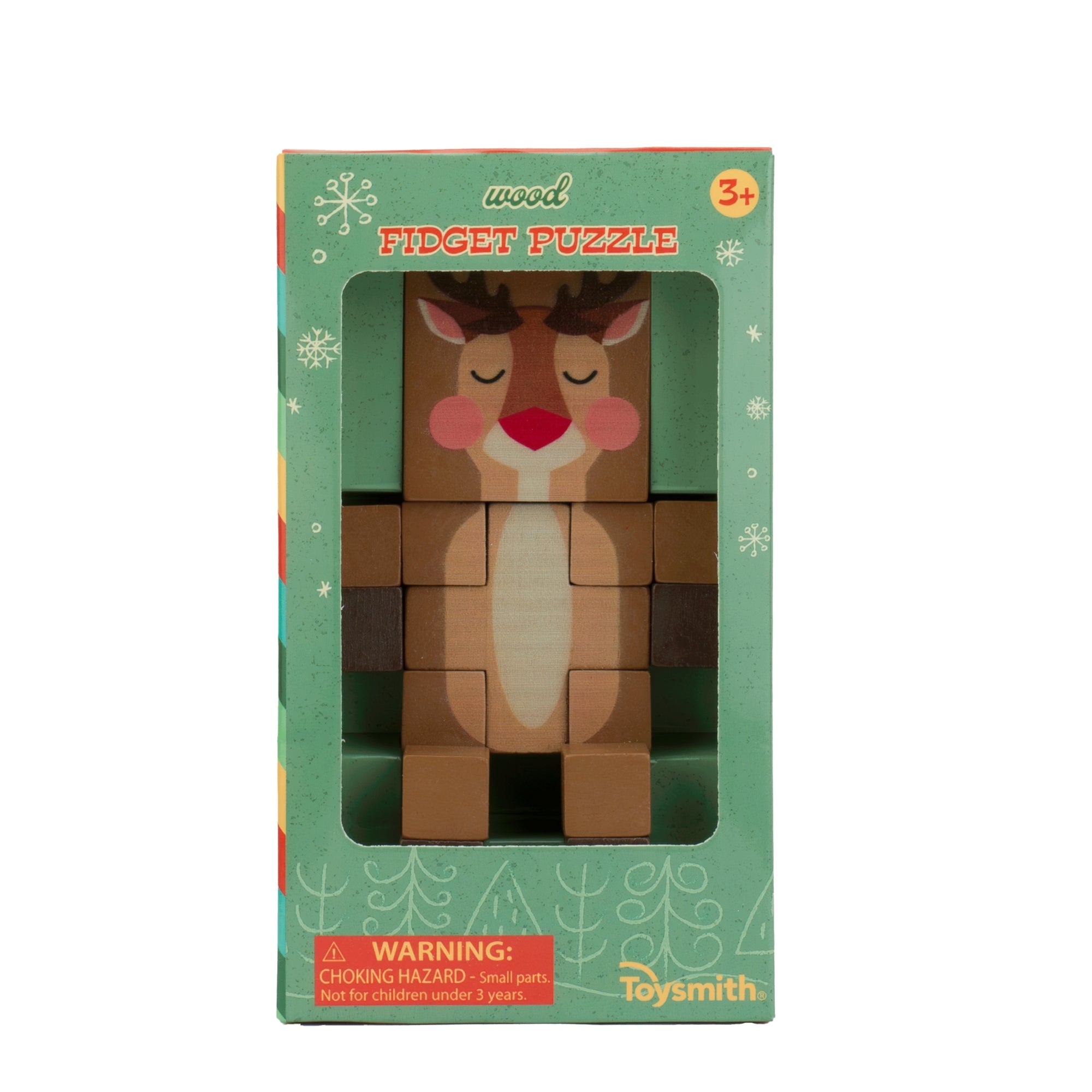 The Toysmith Holiday Wood Fidget is a boxed wooden puzzle shaped like a reindeer with closed eyes and rosy cheeks, in green snowflake packaging. Great as a holiday fidget or stocking stuffer for ages 3+.