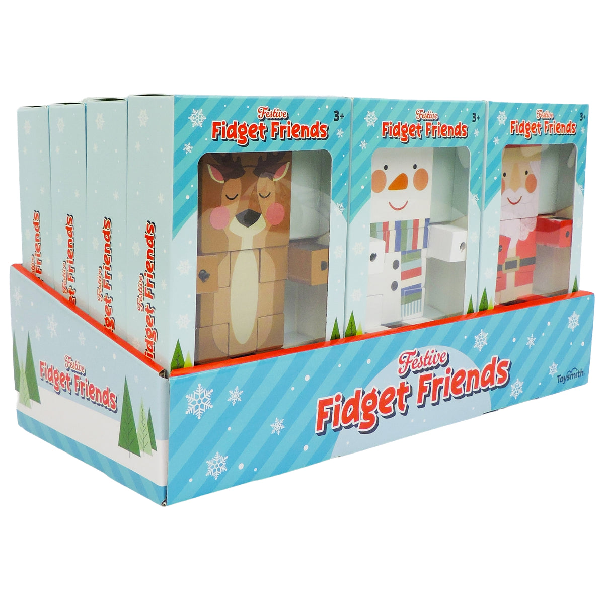 The Toysmith Festive Fidget Friends display box by Toysmith includes colorful, holiday-themed puzzles with characters such as a reindeer, snowman, and elf. The festive packaging features snowflakes and winter scenes—ideal for stocking stuffers.