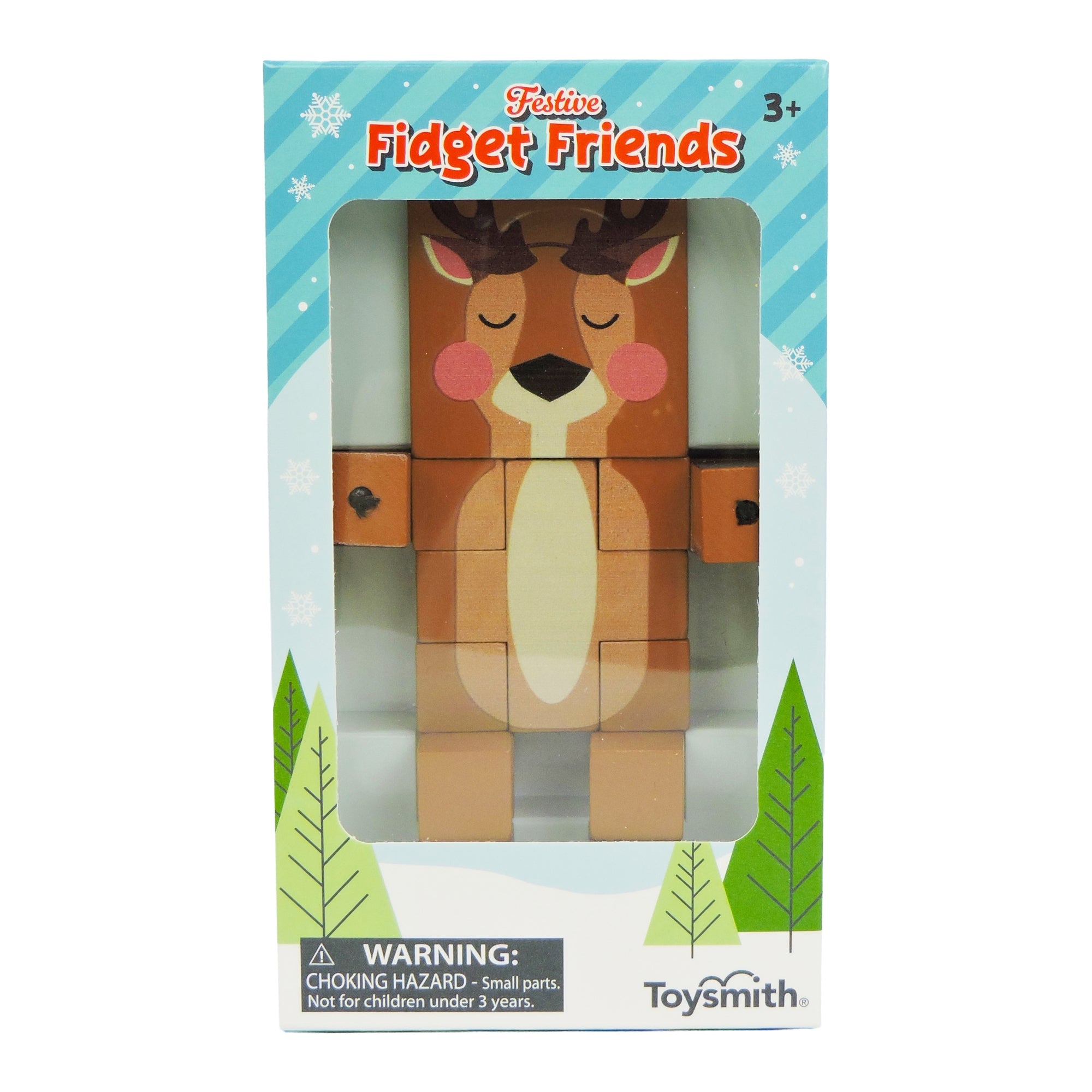 Toysmith Festive Fidget Friends by Toysmith features a reindeer block figure with a cute face and antlers in blue snowflake packaging—a perfect stocking stuffer or fidget puzzle for ages 3+, with choking hazard warning included.