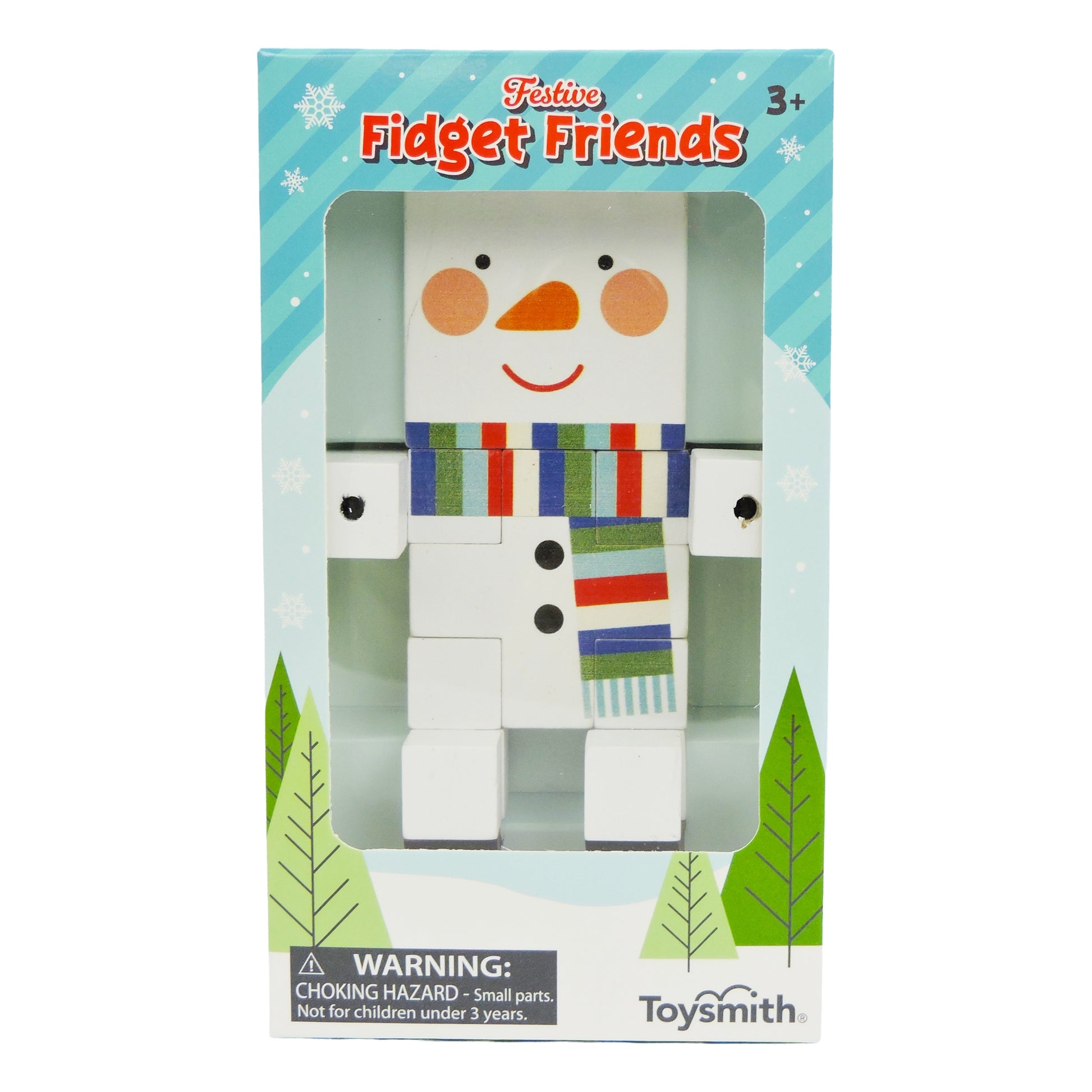The Toysmith Festive Fidget Friends features a blocky snowman with a striped scarf, orange nose, black buttons, and a cheerful face—perfect stocking stuffer for ages 3+. Box includes choking hazard warning. Brand: Toysmith.