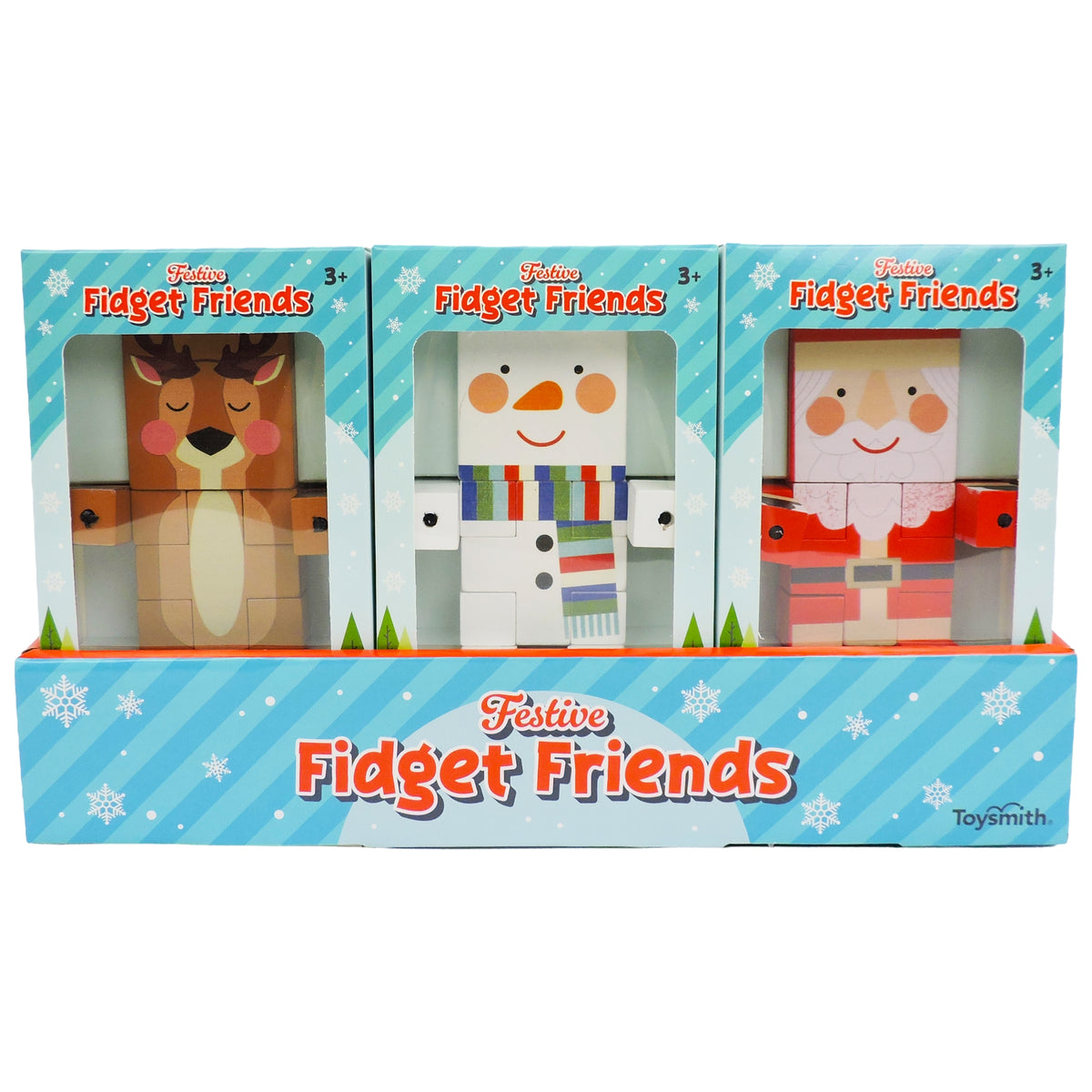 Three boxed Toysmith Festive Fidget Friends—reindeer, snowman, and Santa—make perfect stocking stuffers, featuring blue packaging with snowflakes and a striped base labeled “Festive Fidget Friends” by Toysmith.