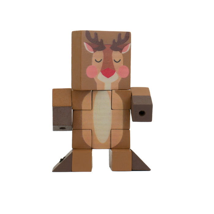 A charming Toysmith Holiday Wood Fidget Puzzle figure—crafted from painted wood to look like a reindeer with brown antlers, pink cheeks, and closed eyes—makes a cute stocking stuffer or festive holiday gift.