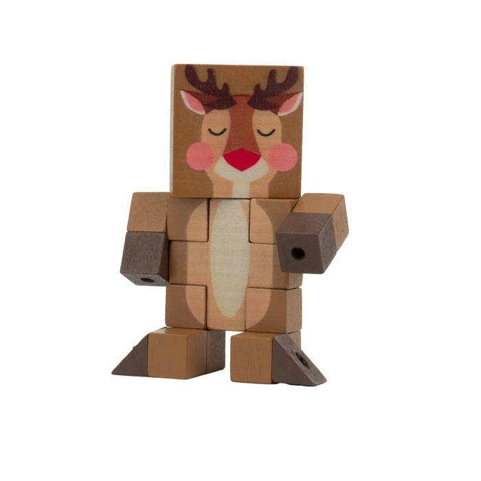 The Toysmith Holiday Wood Fidget Puzzle is a reindeer-shaped wooden toy with painted antlers, closed eyes, red nose, pink cheeks, and movable limbs—ideal as an educational stocking stuffer or festive puzzle fidget.