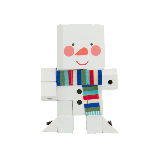 The Toysmith Holiday Wood Fidget Puzzle features a blocky snowman made of white cubes with a smiling face, rosy cheeks, striped blue-red-green scarf, and black dot buttons—perfect as a charming holiday stocking stuffer.