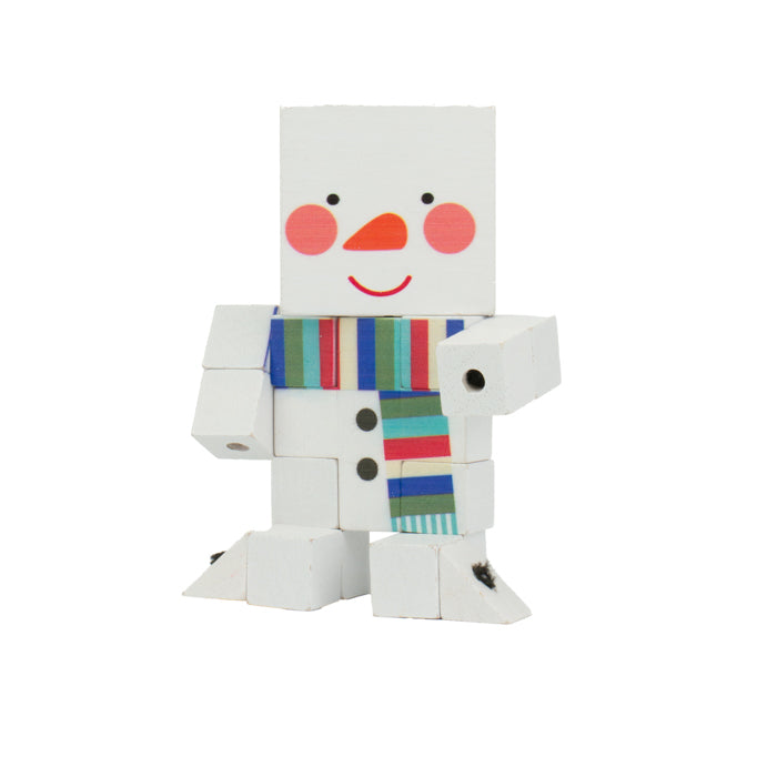 The Toysmith Holiday Wood Fidget Puzzle features a wooden snowman with a blocky design, colorful striped scarf, and painted details—making it a charming stocking stuffer or unique holiday gift.