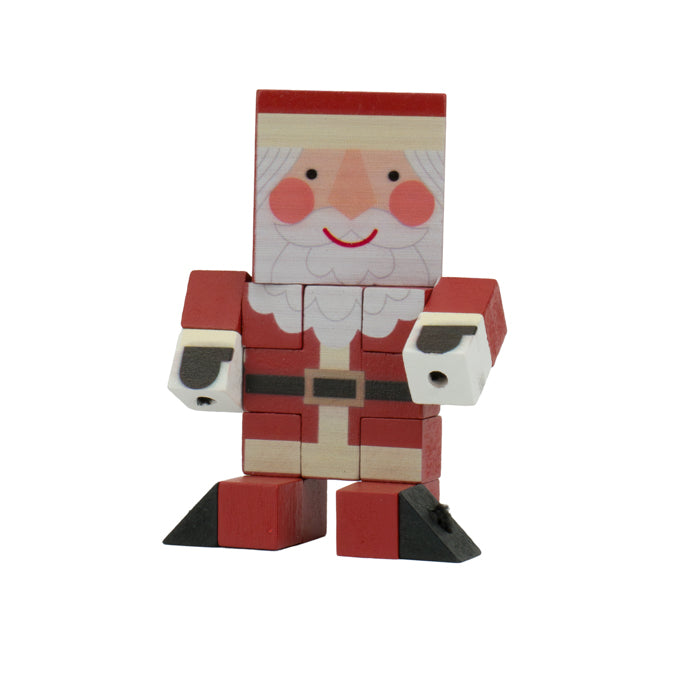 The Toysmith Holiday Wood Fidget Puzzle is a Santa-shaped wooden block toy with a square head, rosy cheeks, white beard, red suit, black boots, and movable limbs—perfect as a holiday fidget or educational stocking stuffer.