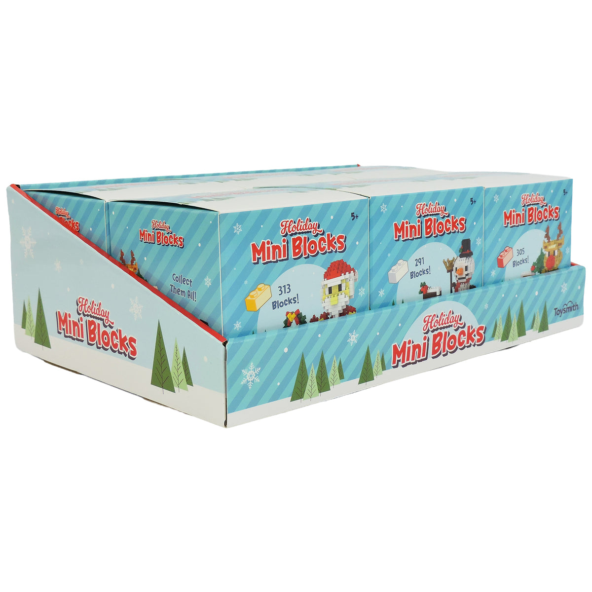 A display box of Toysmith Holiday Mini Blocks features blue packaging with snowy holiday graphics and pixel-style block figures—fun festive building sets, perfect as unique stocking stuffers.