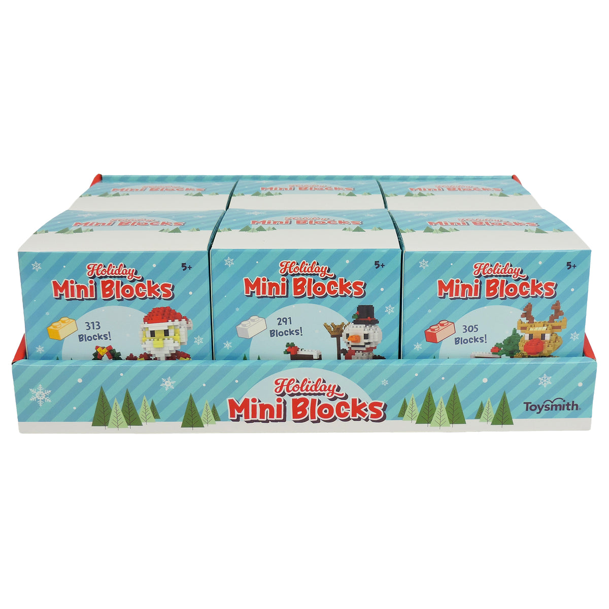 A display tray holds six Toysmith Holiday Mini Blocks boxes, each featuring festive building sets. The blue, snowflake-decorated boxes are perfect stocking stuffers.
