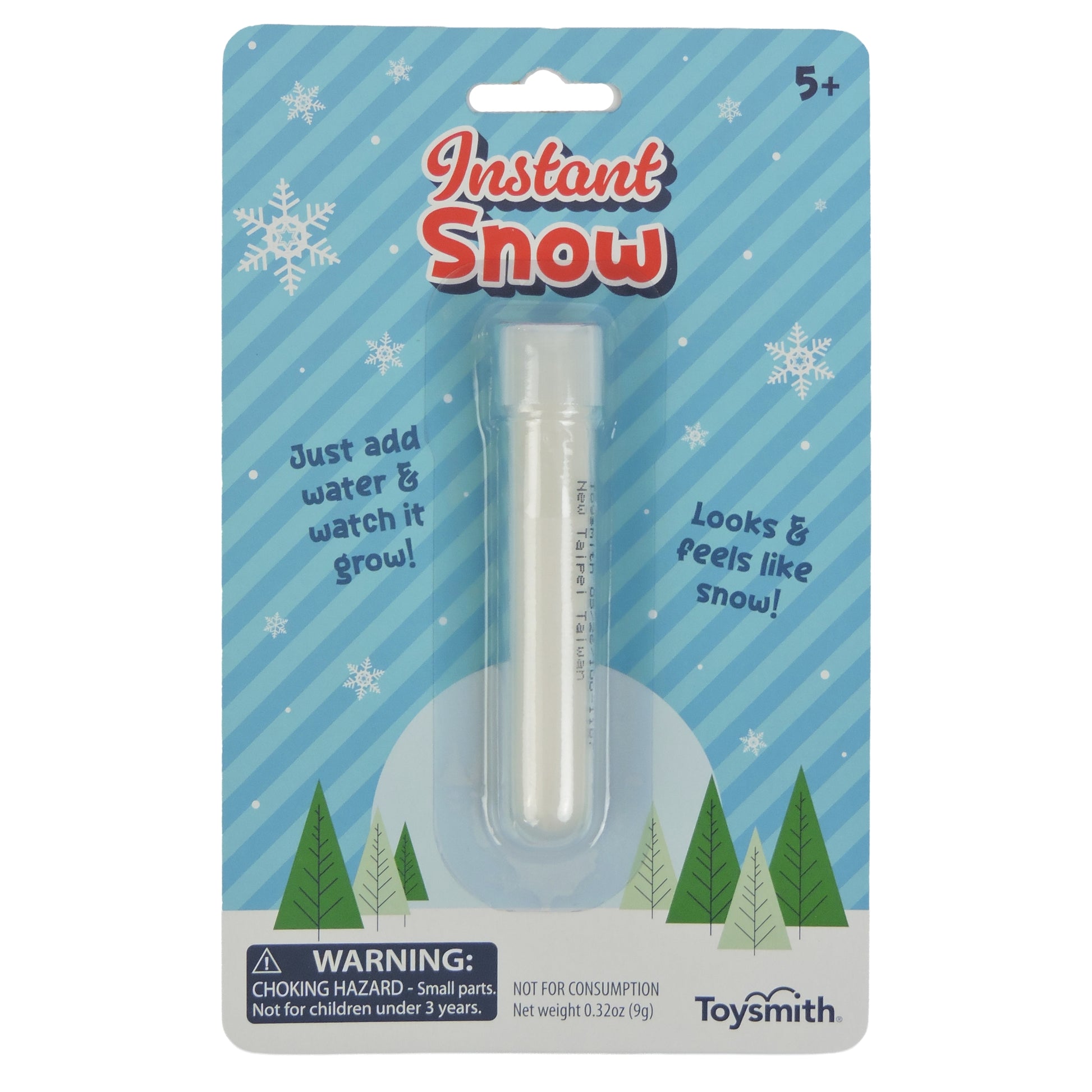 Toysmith Instant Snow by Toysmith comes in a clear tube with white powder. The packaging has snowflakes, trees, and the text "Just add water & watch it grow! Looks & feels like snow!" Great for sensory play or science fun. Ages 5+.