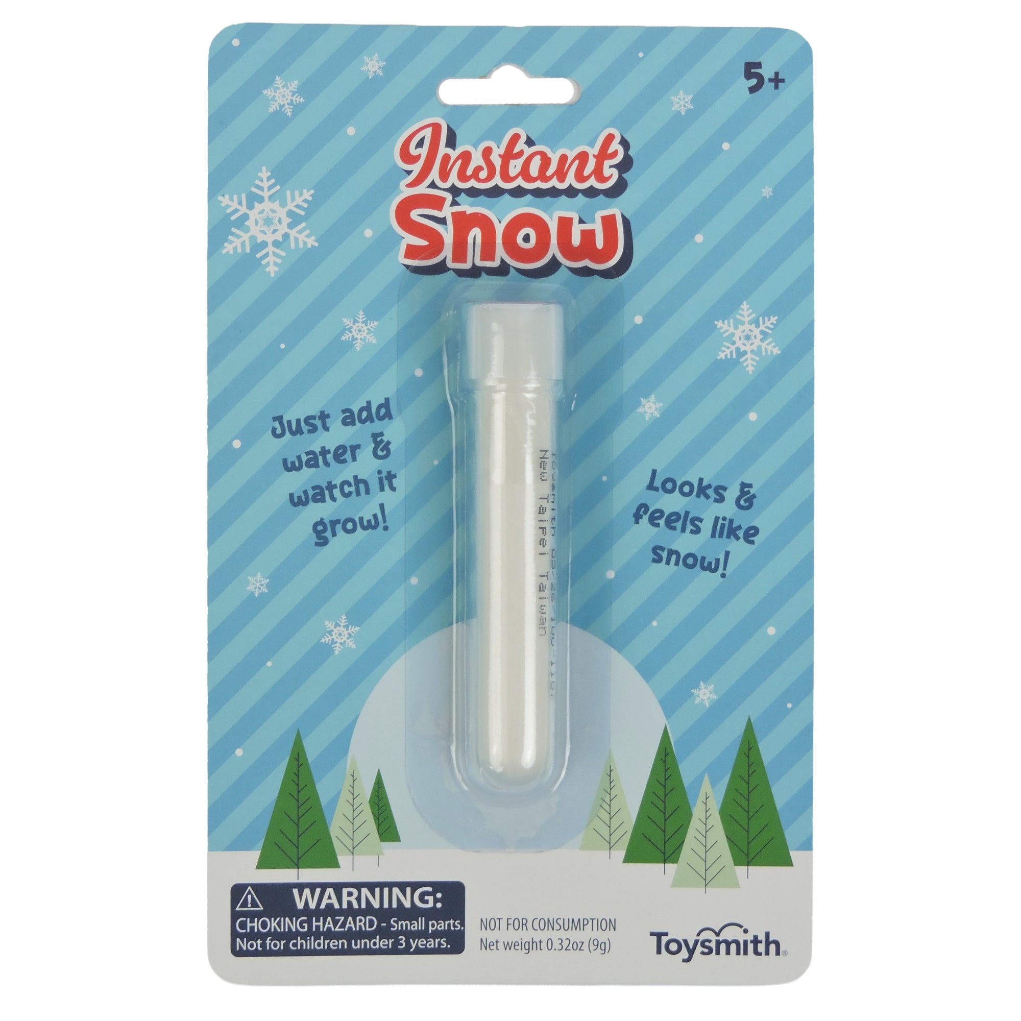 Toysmith Instant Snow by Toysmith comes in a clear tube with white powder. The packaging has snowflakes, trees, and the text "Just add water & watch it grow! Looks & feels like snow!" Great for sensory play or science fun. Ages 5+.