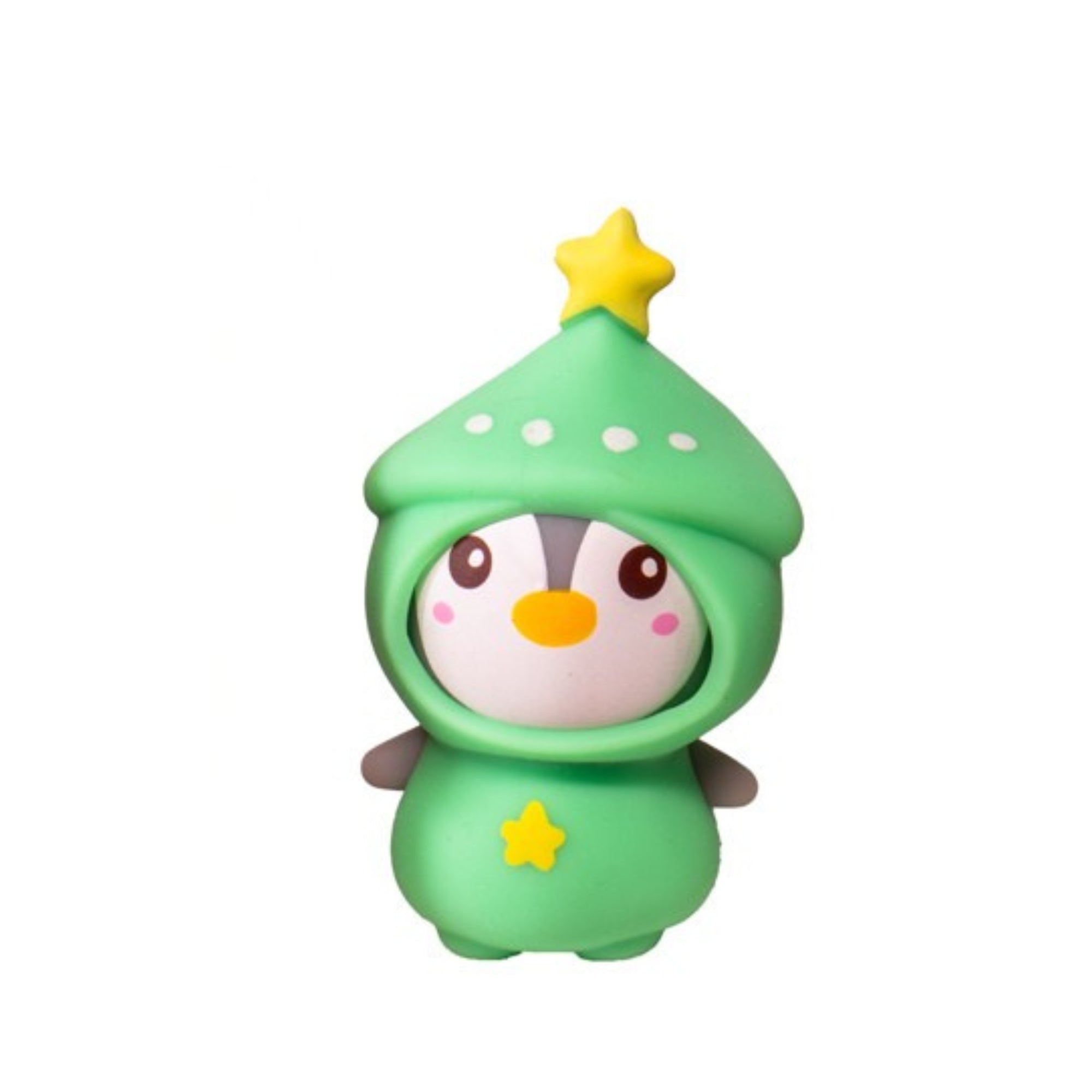 The Toysmith Christmas Penguin Squeezy, a cute cartoon penguin toy in a green star costume with yellow stars on its head and belly, is perfect for holiday stress relief and stands against a plain white background.