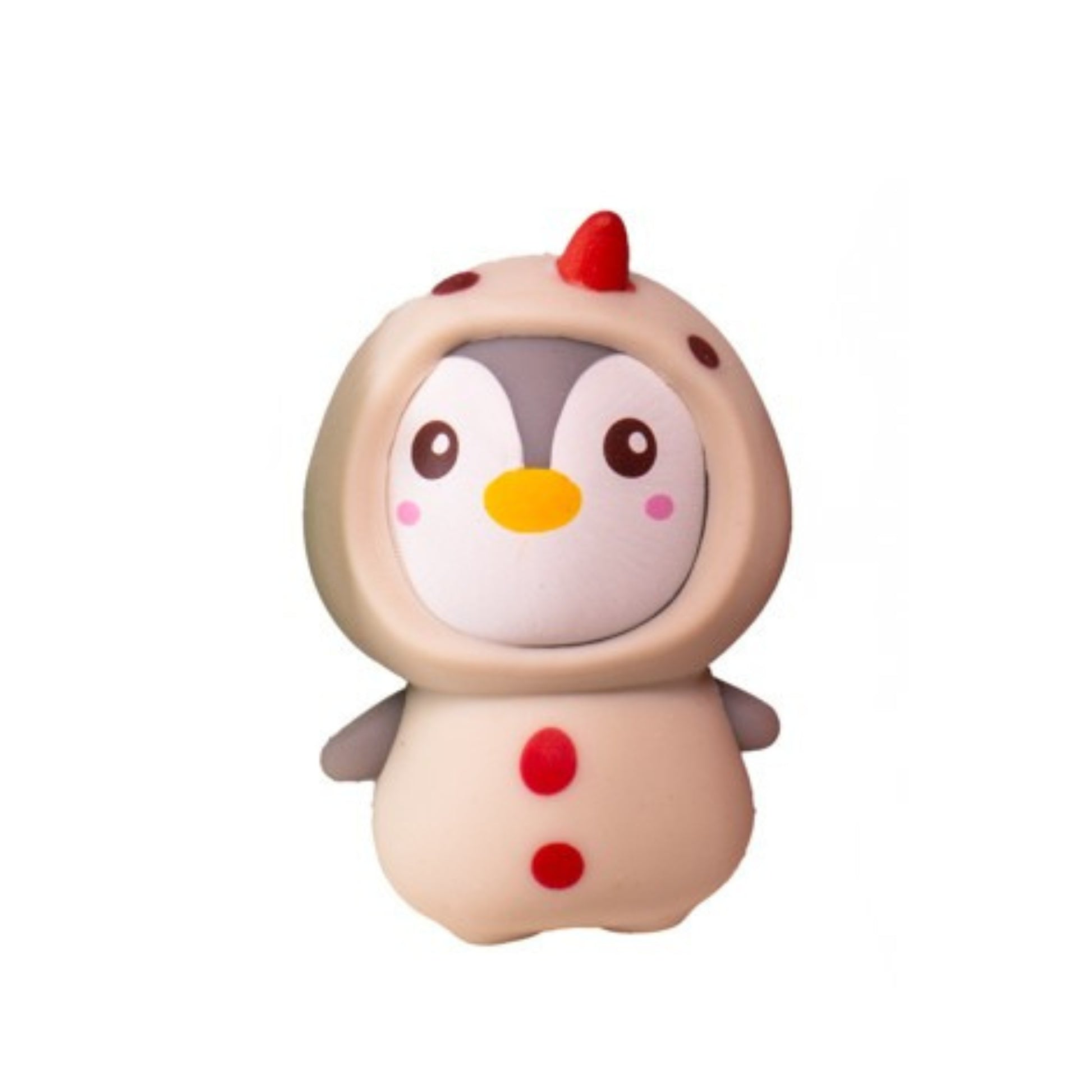 The Toysmith Christmas Penguin Squeezy features a cute penguin in a cream costume with red dots and a red horn, perfect for holiday stress relief or as a stocking stuffer, shown on a white background.