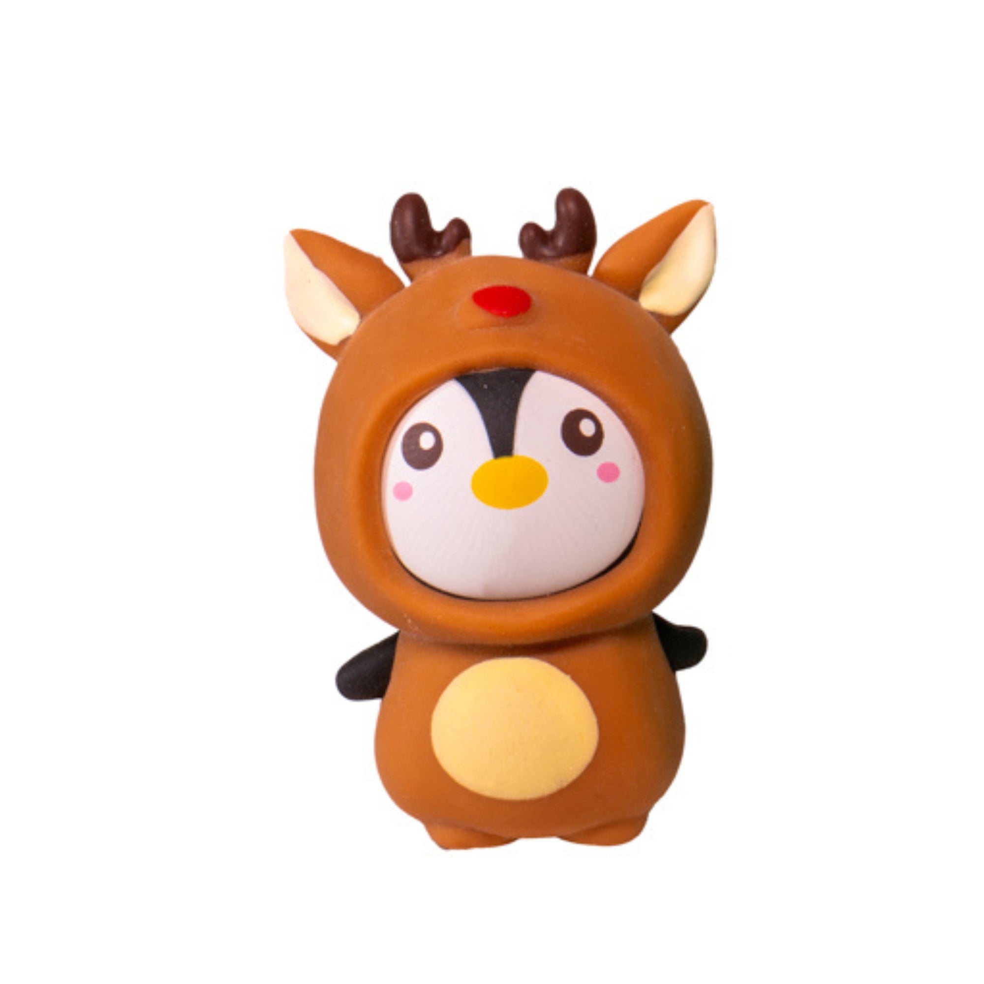 The Toysmith Christmas Penguin Squeezy features a cute penguin in a brown reindeer costume with antlers, red nose, and yellow belly—an adorable holiday stress toy or fun stocking stuffer, shown upright on a white background.