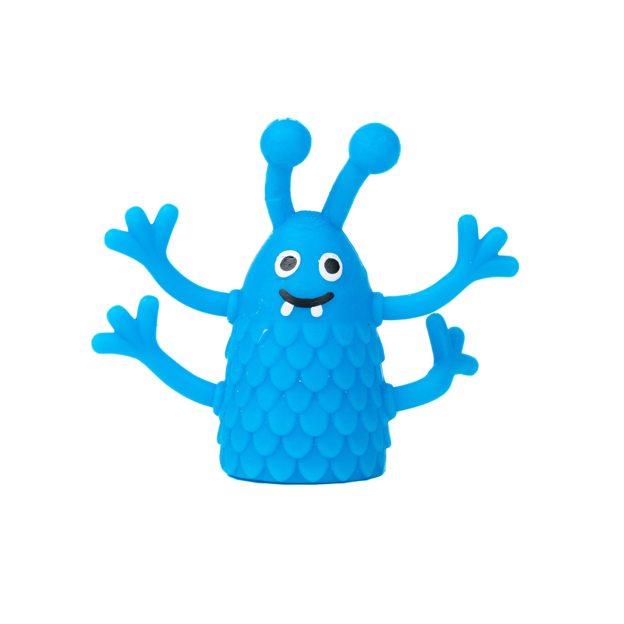The Toysmith Monster Finger Puppet by Toysmith is a blue cartoon monster figurine with two antennae, wide eyes, a smiling mouth with two teeth, textured scales, and four arms raised in different directions.
