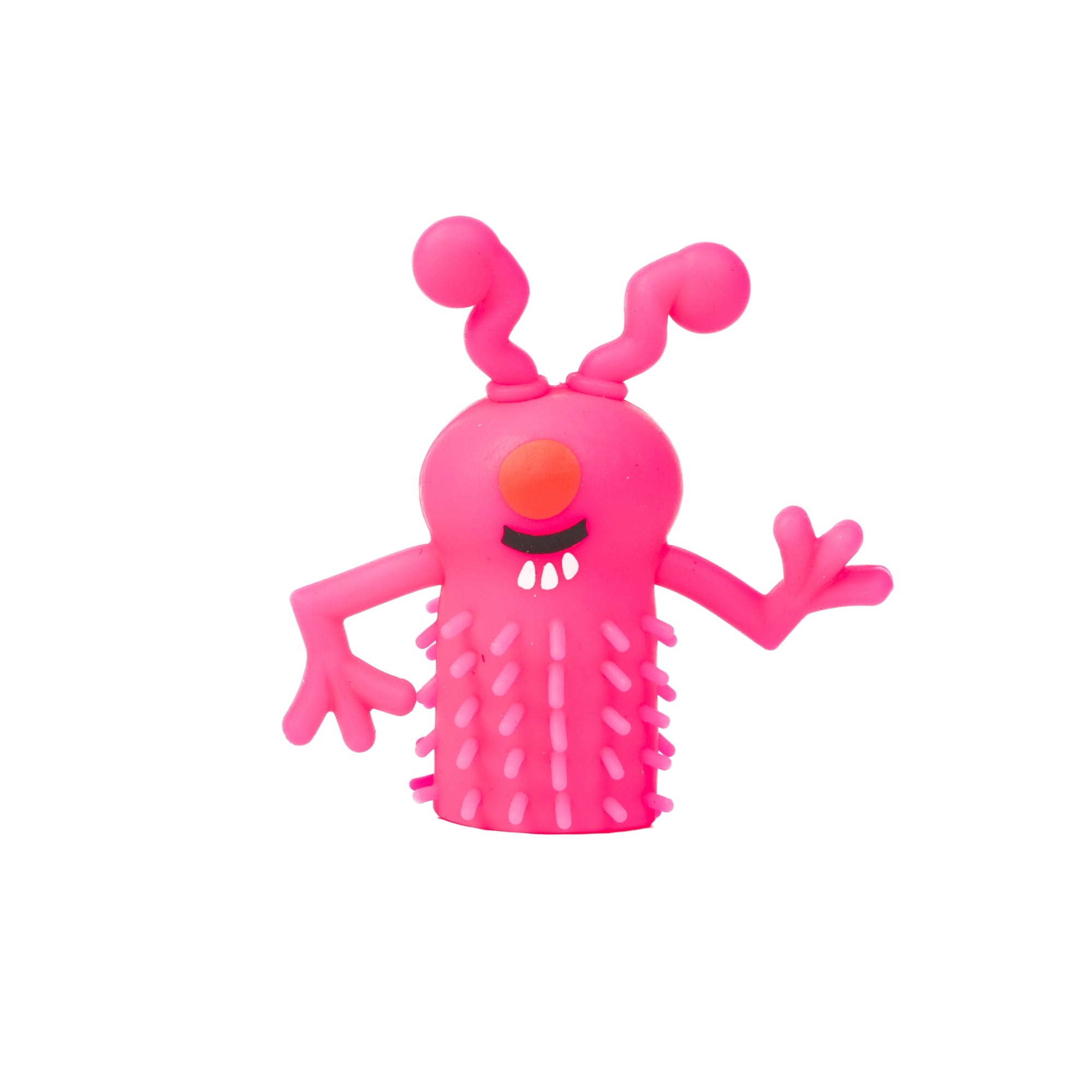 The Toysmith Monster Finger Puppet by Toysmith is a bright pink, cartoon-style toy with two antennae, a round orange nose, white teeth in a big smile, spiky bumps, two arms (one raised), shown against a white background.